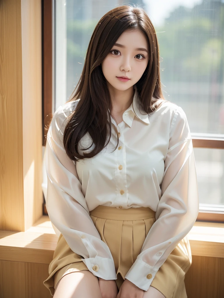 White Office、computer、Mid-length beige polyester skirt 、Chiffon blouse、(Highest quality)、((Very detailed))、4K、(8K)、masterpiece、Very detailedな、Highest quality、Super Resolution、1 person、Kind Face、Soft Light、RAW quality、Soft Skin、163cm、30 years old、From the knee up