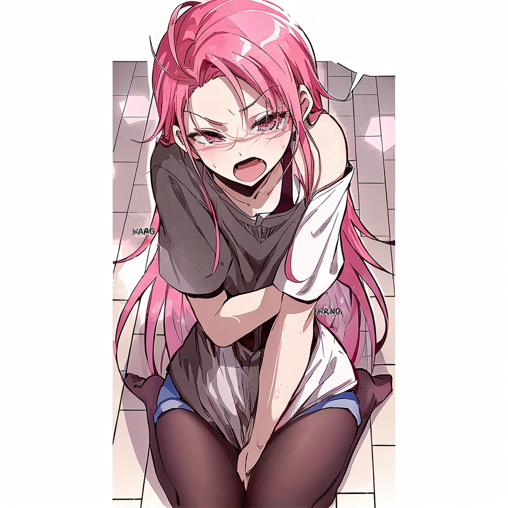anime girl with pink hair sitting on the floor with her hands on her knees, the anime girl is crouching, beautiful anime girl squatting, gapmoe yandere, rias gremory, haruno sakura, sakura haruno, humanoid pink female squid girl, (anime girl), hugging her knees, top rated on pixiv, peitos grandes, garota sexy, sensual