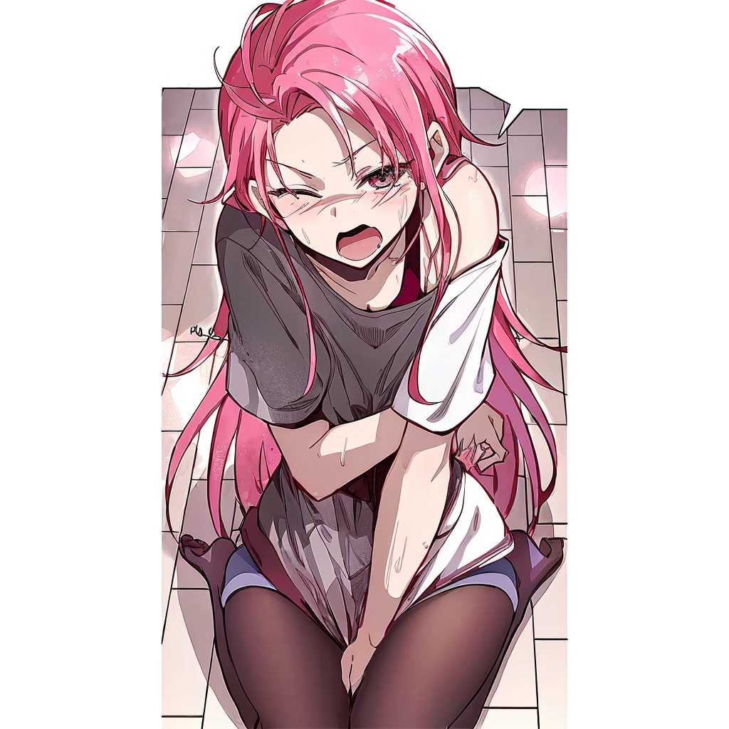 anime girl with pink hair sitting on the floor with her hands on her knees, the anime girl is crouching, beautiful anime girl squatting, gapmoe yandere, rias gremory, haruno sakura, sakura haruno, humanoid pink female squid girl, (anime girl), hugging her knees, top rated on pixiv,  peitos grandes, garota sexy, sensual