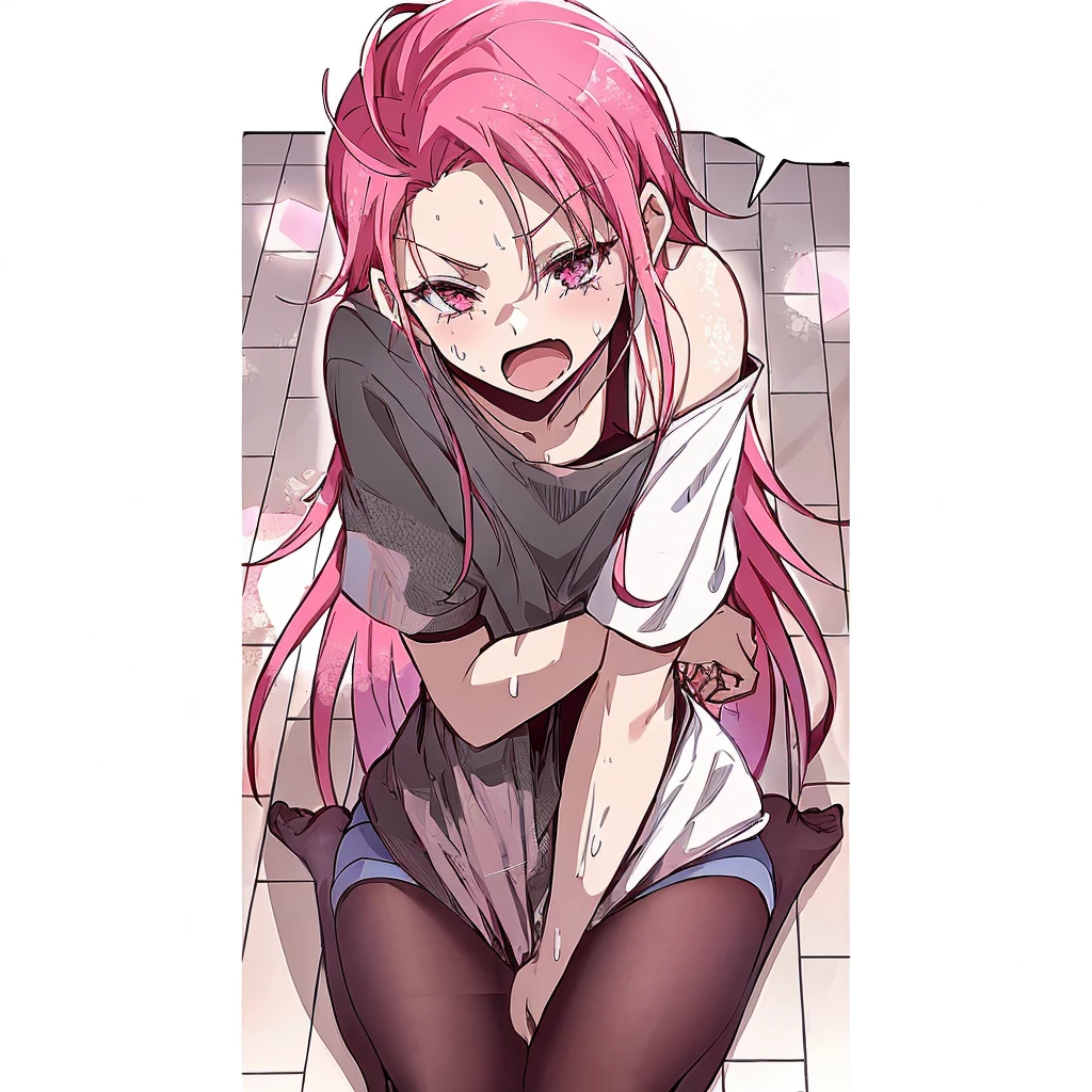 anime girl with pink hair sitting on the floor with her hands on her knees, the anime girl is crouching, beautiful anime girl squatting, gapmoe yandere, rias gremory, haruno sakura, sakura haruno, humanoid pink female squid girl, (anime girl), hugging her knees, top rated on pixiv, grandes, garota sexy, sual