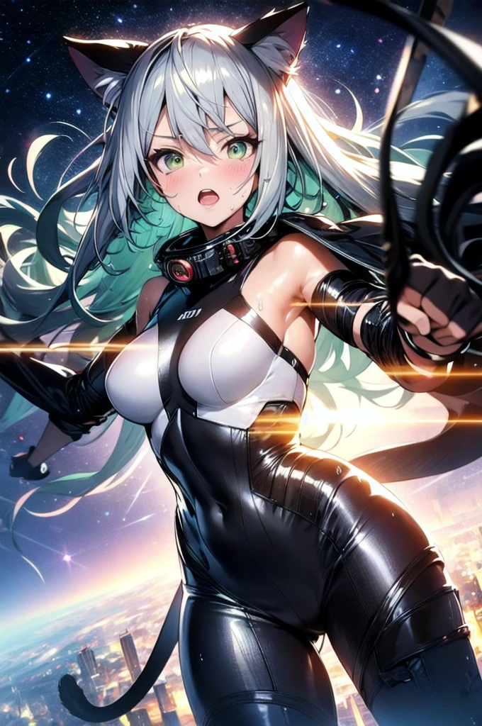 A silver-haired beautiful girl with cat ears eyes are green hair is silver and long clothes: a form-fitting black combat suit The fist is an afterimage The background is a city at night her is in a cat-like fighting pose The year is  monitor, Dark Night, Sweat, Steam of Exhalation, Space, Battle, Dynamic Angle　one girl