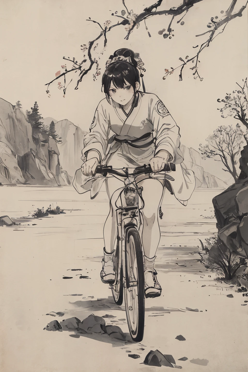 (masterpiece, best quality: 1.2), Traditional Chinese ink painting, Cycling