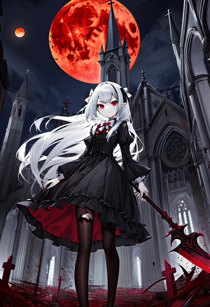 1 teenager girl, vampire, elf, young, black gothic dress, black tights, red eyes, white hair with bow, red scythe, scythe, against the backdrop of the red moon, abandoned gothic church, night, looking at viewer, majestic pose, dark, blood, 8k, masterpiece, high res, ultrasharp.