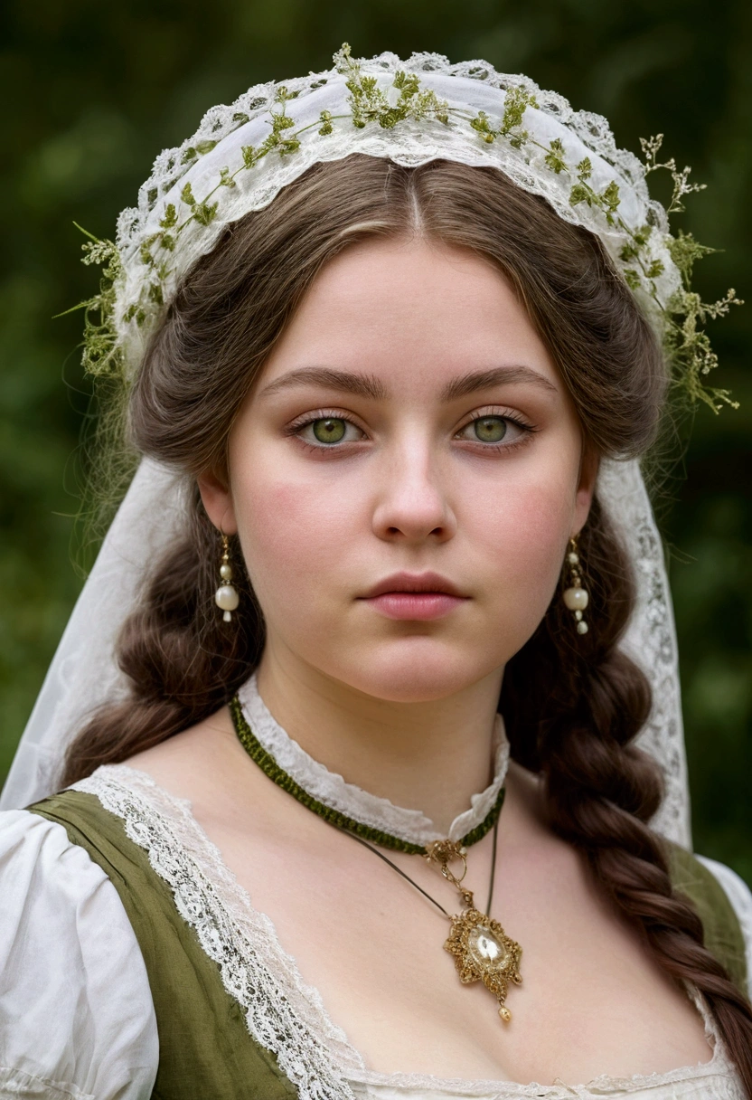 Beautiful chubby blonde woman olive green eyes, white skin of English and Apache descent with a maiden's attire in a humble manner in the Victorian era