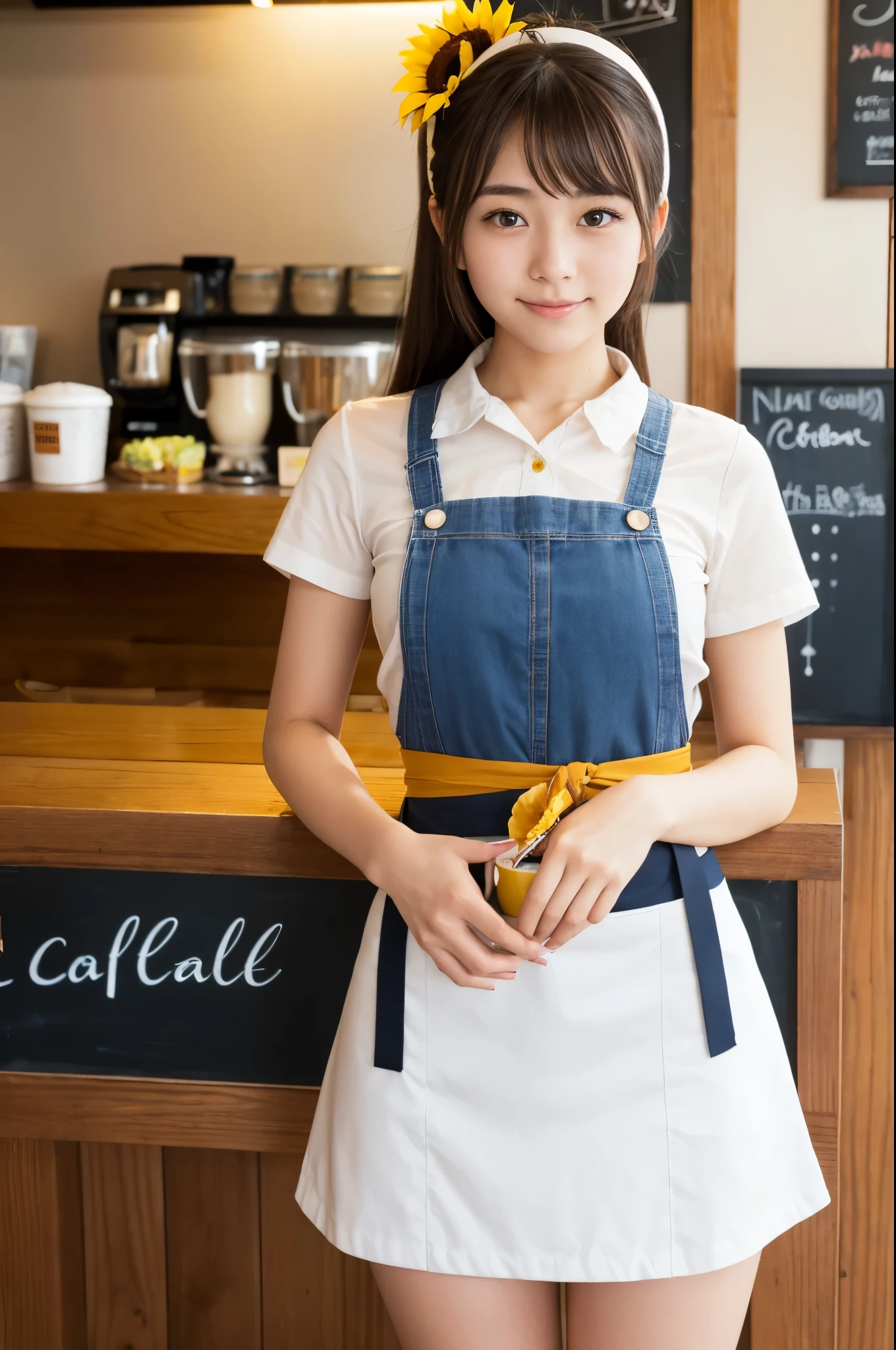 21 years old girl (Japanese cute face) is wearing very short mini skirt and apron and working at the coffee cafe with sunflowers