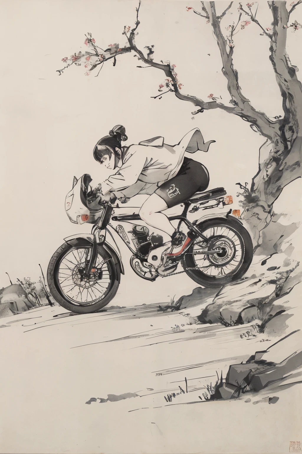 (masterpiece, best quality: 1.2), Traditional Chinese ink painting, Cycling