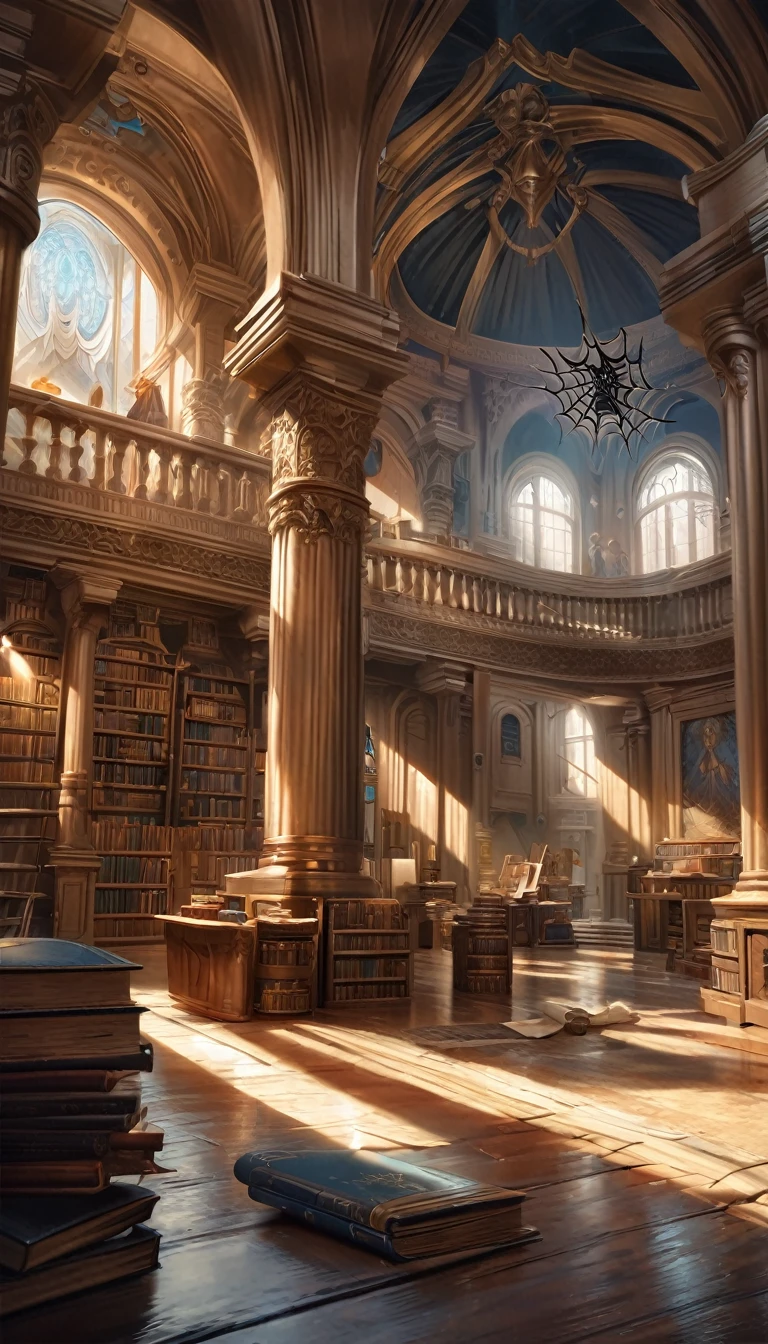 A large library with huge bookshelves, Domed ceiling, Books and scrolls scattered on the floor, (Art inspired by Bill Sienkiewicz), oil, Realistic, photoRealistic, Highest quality, 8k, High resolution, masterpiece, Very detailed, Vibrant colors, Dramatic lighting, Intricate details, Old books, Leather bound books, Dark Shadows, Splendid architecture, Ancient manuscripts, Spider web, old parchment, Gloomy atmosphere