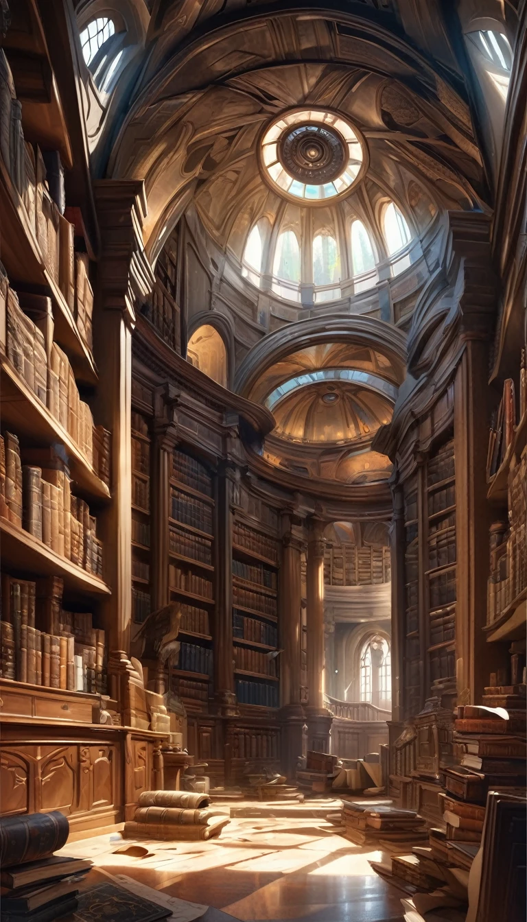 A large library with huge bookshelves, Domed ceiling, Books and scrolls scattered on the floor, (Art inspired by Bill Sienkiewicz), oil, Realistic, photoRealistic, Highest quality, 8k, High resolution, masterpiece, Very detailed, Vibrant colors, Dramatic lighting, Intricate details, Old books, Leather bound books, Dark Shadows, Splendid architecture, Ancient manuscripts, Spider web, old parchment, Gloomy atmosphere