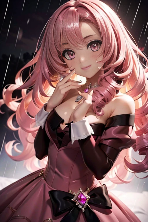 masterpiece, Highest quality, Additional details, (beautiful girl), (Light pink curly hair), (Gorgeous dressy jewelry in dark red and black), Sharp pale pink eyes, Bright smile, Rain of Gems, Shiny, Bright, Dramatic lighting