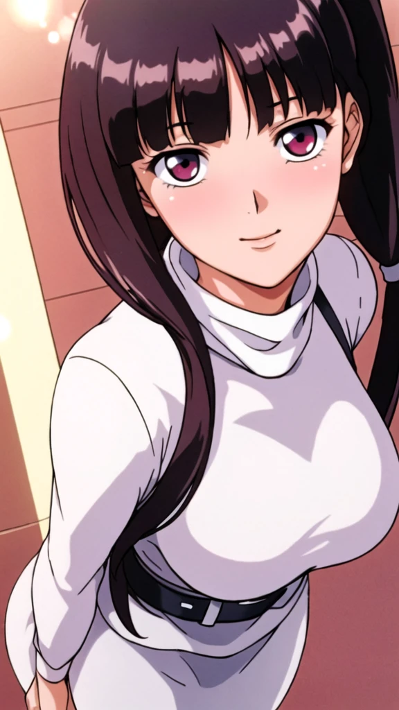 white turtleneck, black shirt,white long skirt,white belt,hair ornament, hair scrunchie,low ponytail,
long hair,bangs, black hair, blunt bangs,big red eyes,alone, 1 girl,Young female, 18 years old, very cute, smile, Beautiful Finger,Beautiful long legs,Beautiful body,Beautiful Nose,Beautiful character design, perfect eyes, perfect face,expressive eyes, looking at viewer, in the center of the image,(light_smile:0.5), official art,extremely detailed CG unity 8k wallpaper, perfect lighting,Colorful, Bright_Front_face_Lighting,shiny skin, (masterpiece:1.0),(best_quality:1.0), ultra high res,4K,ultra-detailed, photography, 8K, HDR, highres, absurdres:1.2, Kodak portra 400, film grain, blurry background, bokeh:1.2, lens flare, (vibrant_color:1.2), (beautiful_face:1.5), (curvy body), ashamed, blushing, black pencil skirt, suspender,SFW,