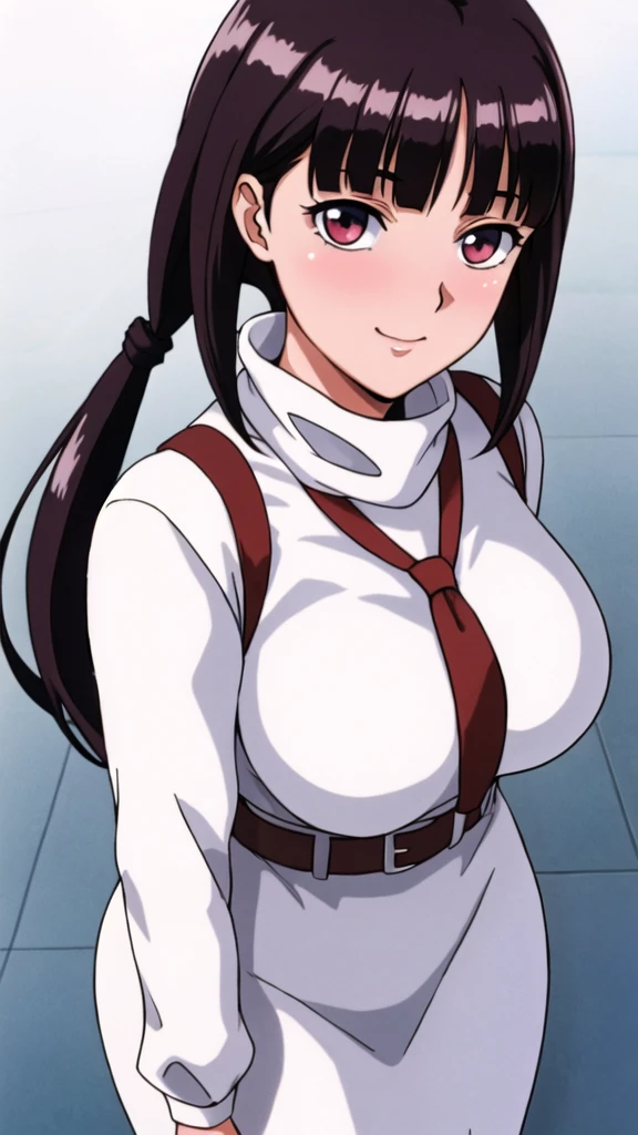 white turtleneck, black shirt,white long skirt,white belt,hair ornament, hair scrunchie,low ponytail,
long hair,bangs, black hair, blunt bangs,big red eyes,alone, 1 girl,Young female, 18 years old, very cute, smile, Beautiful Finger,Beautiful long legs,Beautiful body,Beautiful Nose,Beautiful character design, perfect eyes, perfect face,expressive eyes, looking at viewer, in the center of the image,(light_smile:0.5), official art,extremely detailed CG unity 8k wallpaper, perfect lighting,Colorful, Bright_Front_face_Lighting,shiny skin, (masterpiece:1.0),(best_quality:1.0), ultra high res,4K,ultra-detailed, photography, 8K, HDR, highres, absurdres:1.2, Kodak portra 400, film grain, blurry background, bokeh:1.2, lens flare, (vibrant_color:1.2), (beautiful_face:1.5), (curvy body), ashamed, blushing, black pencil skirt, suspender,SFW,