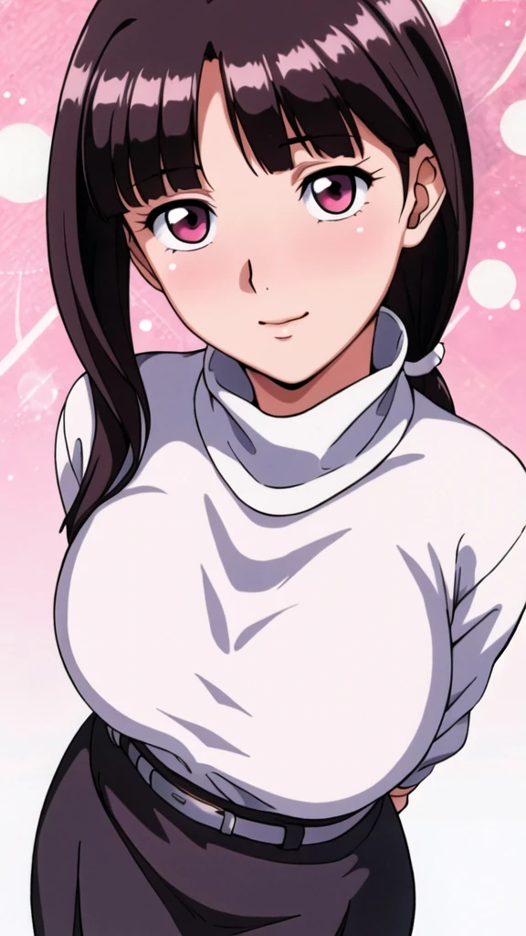 white turtleneck, black shirt,white long skirt,white belt,hair ornament, hair scrunchie,low ponytail,
long hair,bangs, black hair, blunt bangs,big red eyes,alone, 1 girl,Young female, 18 years old, very cute, smile, Beautiful Finger,Beautiful long legs,Beautiful body,Beautiful Nose,Beautiful character design, perfect eyes, perfect face,expressive eyes, looking at viewer, in the center of the image,(light_smile:0.5), official art,extremely detailed CG unity 8k wallpaper, perfect lighting,Colorful, Bright_Front_face_Lighting,shiny skin, (masterpiece:1.0),(best_quality:1.0), ultra high res,4K,ultra-detailed, photography, 8K, HDR, highres, absurdres:1.2, Kodak portra 400, film grain, blurry background, bokeh:1.2, lens flare, (vibrant_color:1.2), (beautiful_face:1.5), (curvy body), ashamed, blushing, black pencil skirt, suspender,SFW,
