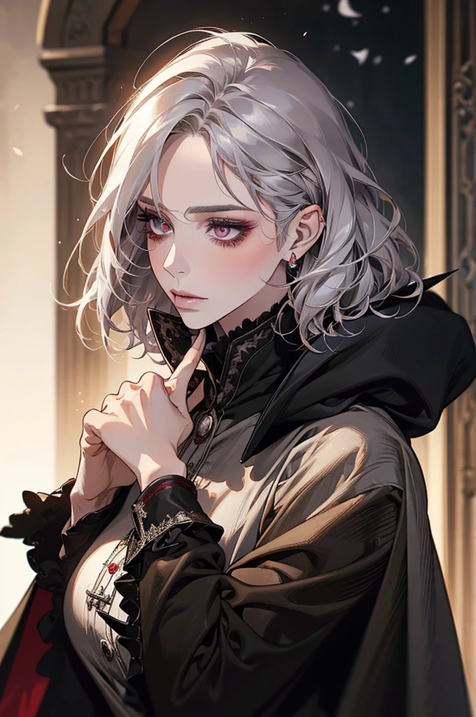 femme de 50 ans, Middle-aged European, ((trentenaire)), solo, medieval tavern, [ghotic] full lips, androgyne, [[Short hair]], (visage de forme ovale), (Heavenly Nose), wears a cape, peau claire et chaude, [[intense red eyes]], doe eyes, eyeshadow, short hair, very silver hair, very light, wavy hair, elfe ears, Long cils, ((black medieval clothes)), sexy red dress, Glow, ghotic, elegant, tendance sur artstation, makeup, lipstick, inkshadow, (((Masterpiece artwork))), ((best quality)), ((complex detailed)), ((semi-realistic)), (se concentrer uniquement), (visage parfait:1.1), (high detail:1.1), dark