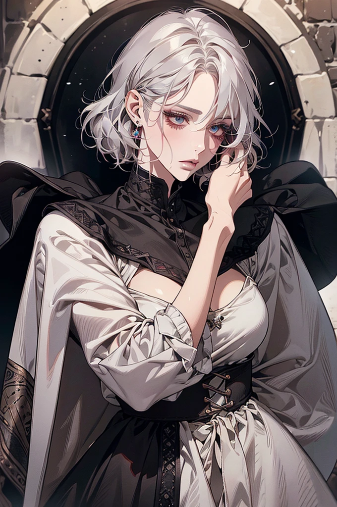 femme de 50 ans, Middle-aged European, ((trentenaire)), solo, medieval tavern, [ghotic] full lips, androgyne, [[Short hair]], (visage de forme ovale), (Heavenly Nose), wears a cape, peau claire et chaude, [[intense red eyes]], doe eyes, eyeshadow, short hair, very silver hair, very light, wavy hair, elfe ears, Long cils, ((black medieval clothes)), sexy red dress, Glow, ghotic, elegant, tendance sur artstation, makeup, lipstick, inkshadow, (((Masterpiece artwork))), ((best quality)), ((complex detailed)), ((semi-realistic)), (se concentrer uniquement), (visage parfait:1.1), (high detail:1.1), dark
