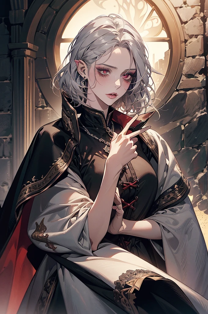 femme de 50 ans, Middle-aged European, ((trentenaire)), solo, medieval tavern, [ghotic] full lips, androgyne, [[Short hair]], (visage de forme ovale), (Heavenly Nose), wears a cape, peau claire et chaude, [[intense red eyes]], doe eyes, eyeshadow, short hair, very silver hair, very light, wavy hair, elfe ears, Long cils, ((black medieval clothes)), sexy red dress, Glow, ghotic, elegant, tendance sur artstation, makeup, lipstick, inkshadow, (((Masterpiece artwork))), ((best quality)), ((complex detailed)), ((semi-realistic)), (se concentrer uniquement), (visage parfait:1.1), (high detail:1.1), dark