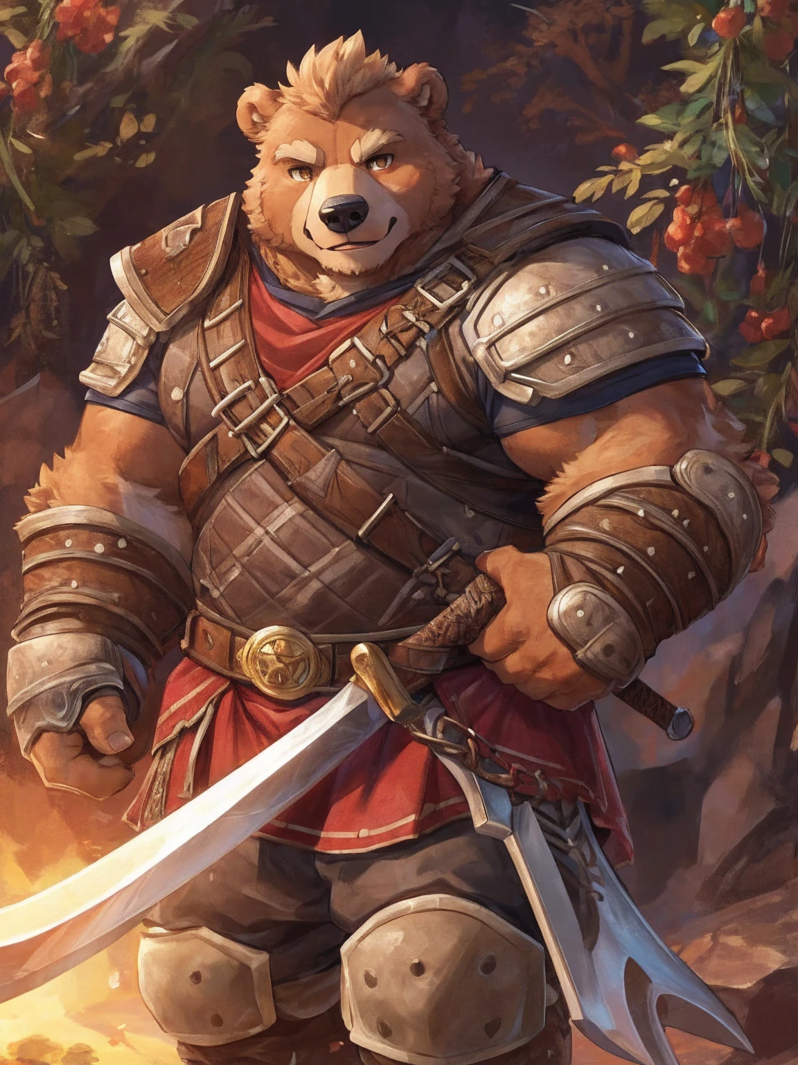 1. **type**：Bear 2. **gender**：male 3. **appearance**：Brown fur，Golden Eyes，thick physique 4. **Clothing and Decoration**：((Wearing mercenary clothing))，Carrying a huge sword on his back， #### Scenography 1. **background**：日本style的山間寺廟，寺廟周圍有Cherry tree和Stone lanterns 2. **detail**：Sakura petals falling in the air，Mountain peaks are faintly visible in the distance #### Text content 1. **theme**：Glory and Protection 2. **intonation**：Solemn and inspiring 3. **Sentence Structure**：`&quot;Guard the Faith，&quot;Defend the Glory&quot;` #### 圖像style 1. **style**：Epic and traditional combined， 2. **tone**：Soft pinks combined with stately browns and golds，Highlighting the majesty of the samurai and the beauty of the cherry blossoms #### 其他detail 1. **Posture and expression**： - Bear站在寺廟前，Hold a greatsword，firm eyes，Show protection and determination 2. **background元素**： - 日本style的寺廟，Cherry tree，Stone lanterns，Falling cherry blossom petals，distant mountain peaks ### final design 1. **role conception** - **Bear**：Brown fur，Golden Eyes，thick physique。穿著Wearing mercenary clothing，Carrying a huge sword on his back，。 2. **Scenography** - **background**：日本style的山間寺廟，寺廟周圍有Cherry tree和Stone lanterns。Sakura petals falling in the air，Mountain peaks are faintly visible in the distance。 3. **Text content** - below or above the diagram，Written in a solemn and inspiring font：`&quot;Guard the Faith，&quot;Defend the Glory&quot;` ### Image design recommends that you use design software（Like Photoshop、Procreate等）To realize this picture。The following are specific step-by-step recommendations： 1. **background創建**：畫出日本style的山間寺廟background，包括Cherry tree、Stone lanterns、Falling cherry blossom petals和distant mountain peaks。 2. **character drawing**：根據描述繪製maleBear角色，特別注意武士鎧甲和巨劍的detail。 3. **Posture and expression**：Bear站在寺廟前，Hold a greatsword，firm eyes，Show protection and determination。 4. **Add text**：Choose the right location，使用莊嚴和鼓舞的字體將Text content`&quot;Guard the Faith，&quot;Defend the Glory&quot;`Add to diagram。male