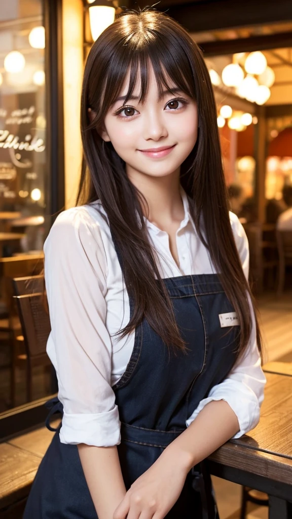 Cute girl working at a cafe terrace　Japanese　１９age　
Professional Lighting　Digital SLR　Beautiful and elaborate face　Perfect and beautiful face　Big eyes Smile