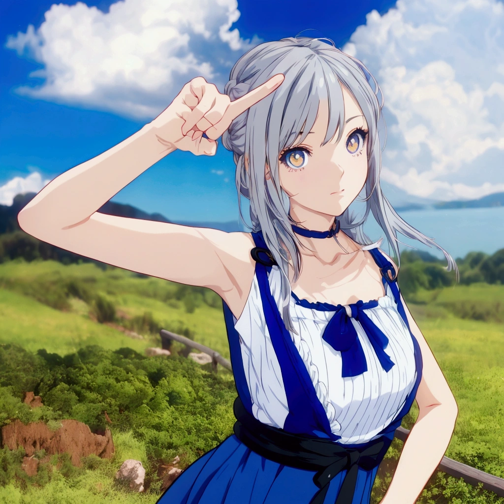 Golden Eyes、Golden Eyes、Anime girl with gray hair and blue clothes pointing at something, Realistic Anime 3D Style, Cute 3D anime girl render, Realistic young anime girl, Anime Style3D, Anime Style, Realistic anime art style, Anime Styleに, , Semi-realistic anime style, Smooth anime CG art, April Rendering, Photorealistic anime girl rendering