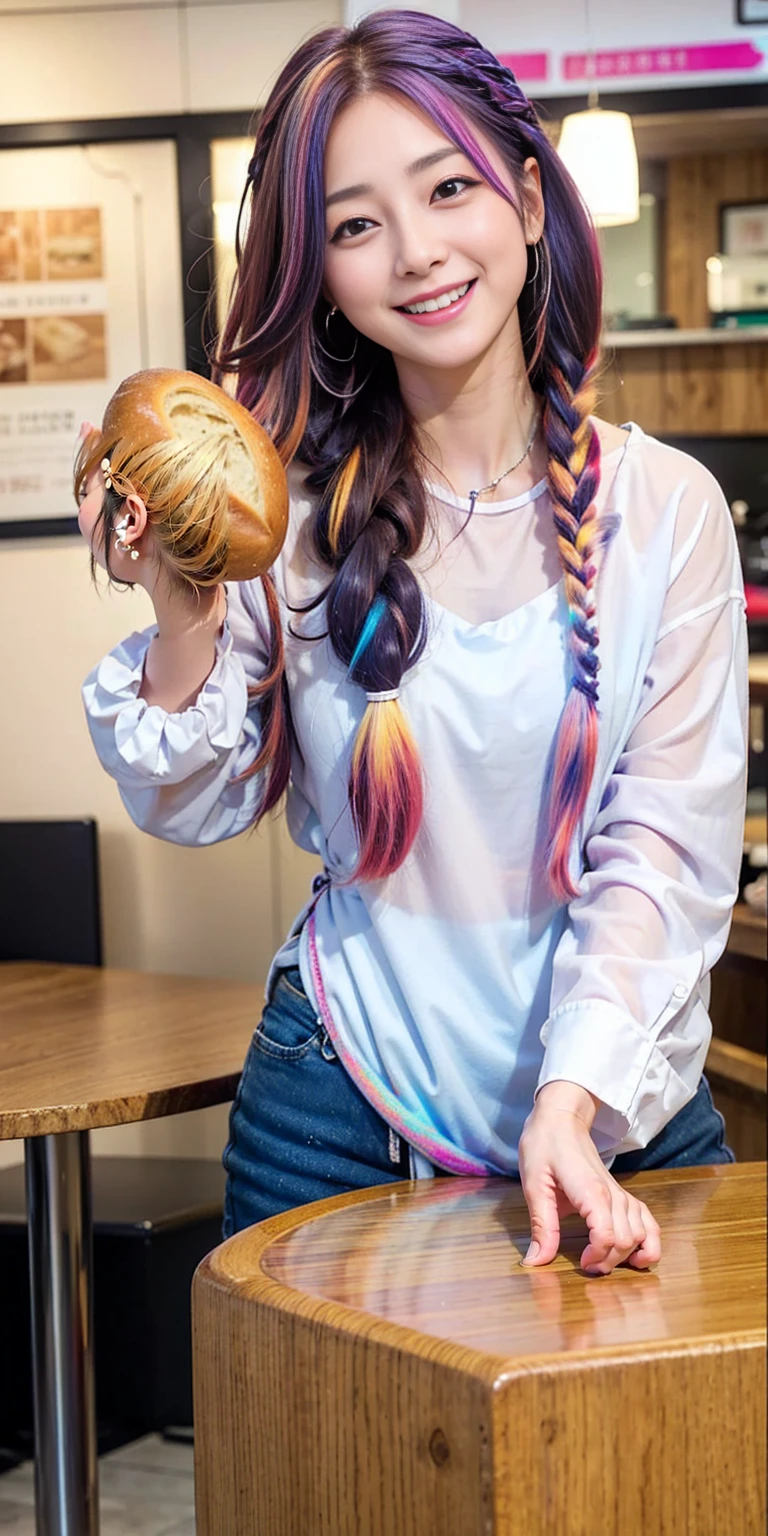 ((holding a large loaf of bread))、
 girl、
Day本アイドル、

Cute Smile、
Lewd smile、　
Panting face、Pant voice、
Fluid organization:1.6), One beautiful girl with really wild hair, (Colorful wavy hair:1.2),( Two long braids:1.2), (Long wild hair:1.2), (Multicolored Hair: 1.9),Cute smile
Bakery Sales Staff、

Angle from directly below、
Low - Angle、スーパーLow - Angle、
apron、
blouse(See-through)、
はだけるblouse、
My shirt is open、
Open shirt、
hot pants、
ピンク色のhot pants、I can see a little underwear、Thighs、Butt、Beautiful buttocks、
I'm cleaning、
I'm wiping the floor.、Wipe the floor with a rag、
Bend over to clean、




clear、serious
Bakery Cafe、bread
Bakery clerk、Day本アイドル、

(masterpiece), (Highest quality:1.4), Absurd, [:Intricate details:0.2],  (View your viewers:1.2), Day,  reflection、
Reddish hair，Golden Student，enjoy，Moist，肉感Thighs，Slim figure，Moist, Glowing pink skin，transparent，Mature Woman，Affectionate expressions，情熱的に取り組んでいます

Day本アイドル