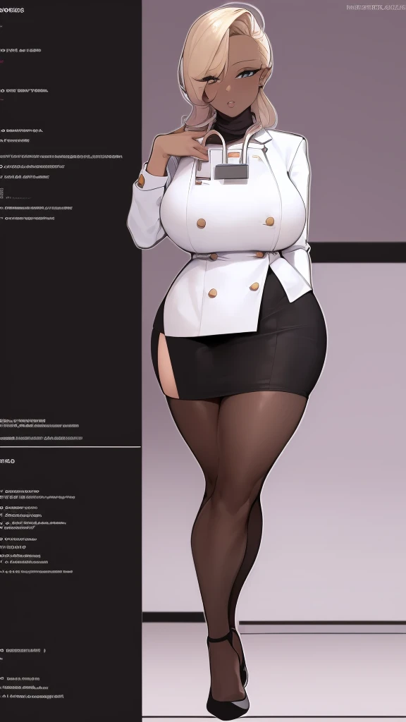 A highly detailed drawing of a woman in a doctor’s uniform. She is wearing a white doctor's coat, a high-neck sweater, a stethoscope around her neck, a short black skirt, fishnet stockings, and high heels. The woman is 30 years old with a curvaceous body, exaggerated proportions with large hips and bust, a very narrow waist, and long legs. She is standing in a hospital consultation room. The lighting should highlight the details of her attire and the setting, creating a professional yet dramatic look.