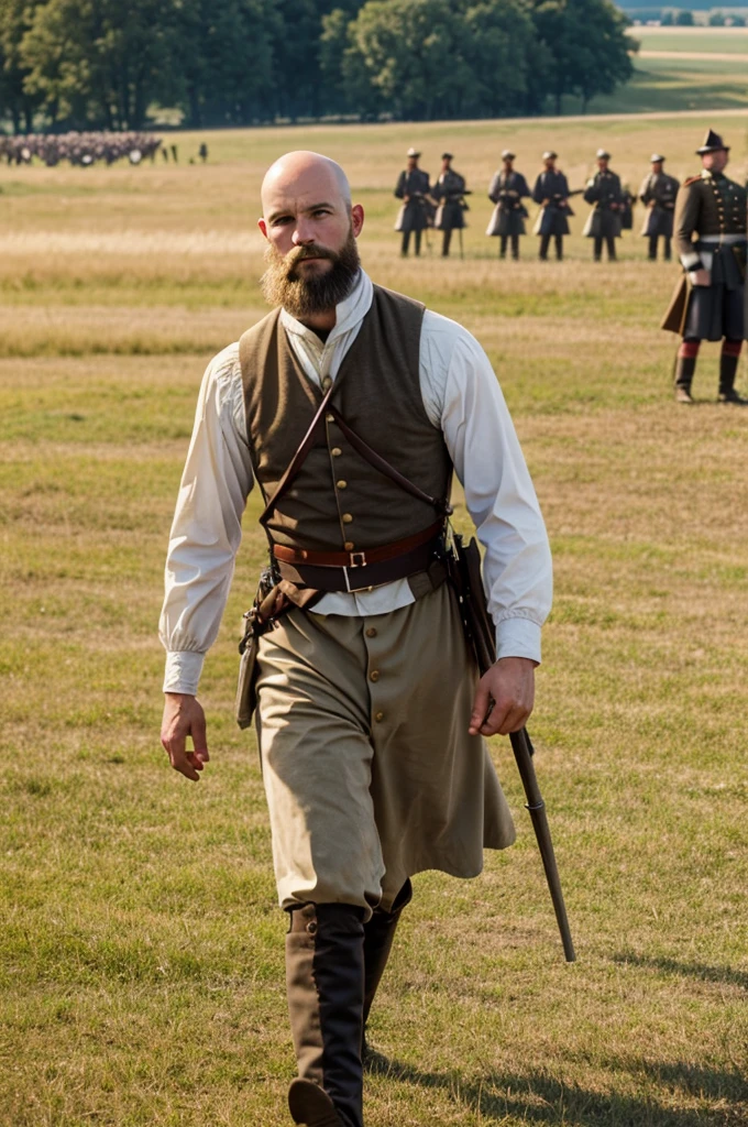 Battle of Gettysburg, white soldier, bald head, scruffy short beard, colbey: American Civil War, Historical reenactment, Field of valor, Turning point, Civil War history, by GettysburgReenact -ar 16:9"