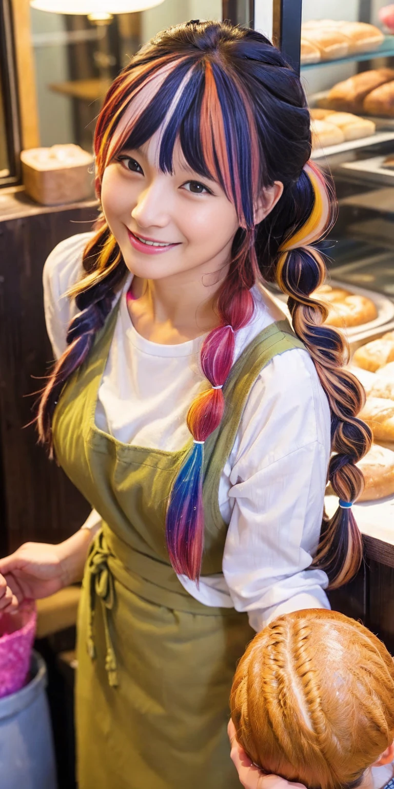 ((holding a large loaf of bread))、
12 year old girl、
Day本アイドル、

Cute Smile、
Lewd smile、　
Panting face、Pant voice、
Fluid organization:1.6), One beautiful girl with really wild hair, (Colorful wavy hair:1.2),( Two long braids:1.2), (Long wild hair:1.2), (Multicolored Hair: 1.9),Cute smile
Bakery Sales Staff、

Angle from directly below、
Low - Angle、スーパーLow - Angle、
apron、
blouse(See-through)、
はだけるblouse、
My shirt is open、
Open shirt、
hot pants、
ピンク色のhot pants、I can see a little underwear、Thighs、Butt、Beautiful buttocks、
I'm cleaning、
I'm wiping the floor.、Wipe the floor with a rag、
Bend over to clean、




clear、serious
Bakery Cafe、bread
Bakery clerk、Day本アイドル、

(masterpiece), (Highest quality:1.4), Absurd, [:Intricate details:0.2],  (View your viewers:1.2), Day,  reflection、
Reddish hair，Golden Student，enjoy，Moist，肉感Thighs，Slim figure，Moist, Glowing pink skin，transparent，Mature Woman，Affectionate expressions，情熱的に取り組んでいます

Day本アイドル