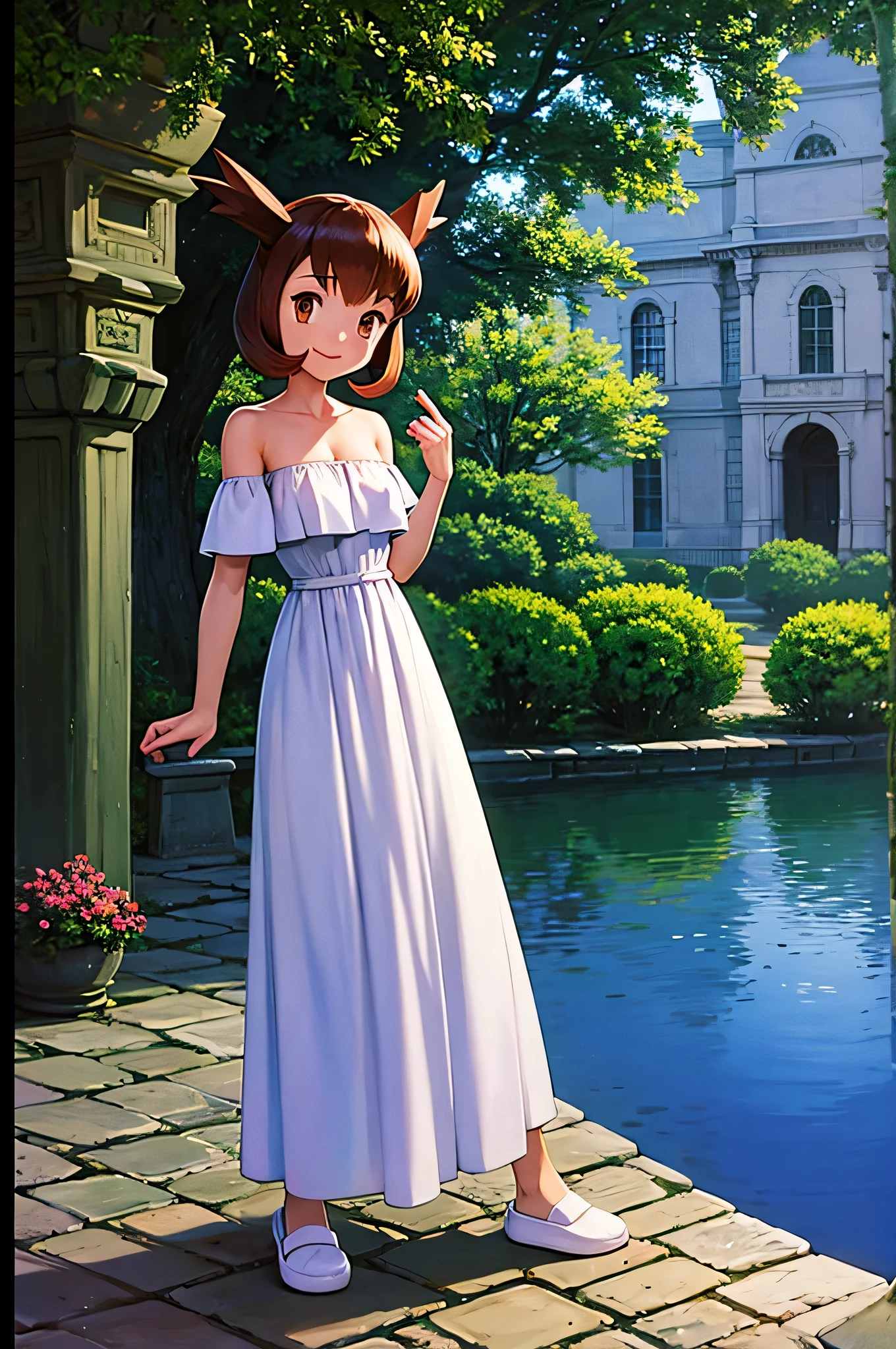 masterpiece, best quality, ultra-detailed, illustration, beautiful detailed eyes, very detailed illustration, cinematic lighting, 1 girl, solo, Pokemon Heroes (Bianca), Brown Hair, brown eyes, bare shoulders, strapless, off shoulders, white ruffle off the shoulder top, white maxi dress, intricate details, sharp focus, high resolution, the background of beautiful garden at night, full moon, smile, standing near aquarium with fish, arms at sides, white slippers, anime style, ultra-detailed, hdr, far at the bottom, in the center, Close up