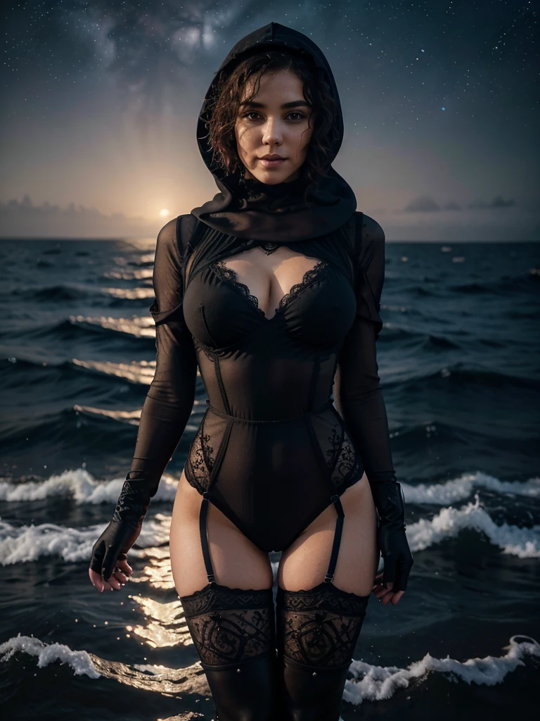 1 gothic girl, (alone), beautiful smile, beautiful face, curly hair short curly hair ( beautiful slim voluptuous body), (sexy lace bodysuit tight jumpsuit, mesh embroidered fabric gloves, mesh pantyhose; layer , hood, long boots) whole body, walked on the waves of the sea, in the middle of the night ocean. starry sky, stellar rain, Red Moon, bio luminescence. High Definition, 4k, 8k, high quality. cinematic. (Masterpiece), (extremely intricate:1.3), (realist) Detailed professional photography of a stunning woman., sharp focus, dramatic, awarded, cinematic lighting, hyperrealistic