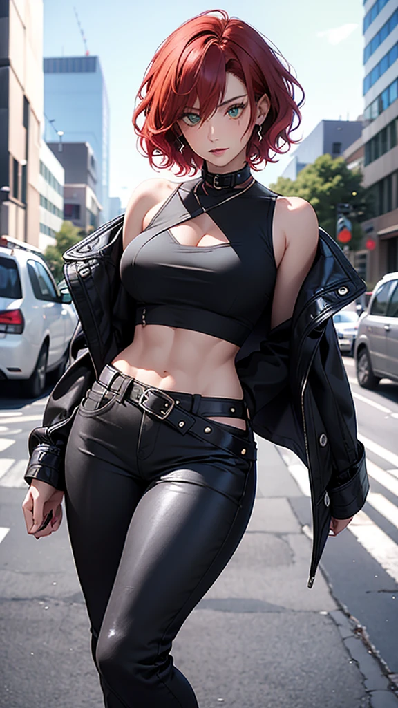 woman, curly red pixie cut hair, green eyes, wearing crop top black shirt, long black jacket, red plaid skirt, (black knee high boots), black fingerless gloves, exposed shoulders, large breasts, thick thighs, freckles, cleavage, abs, looking at viewer, masterpiece, best quality, in the city