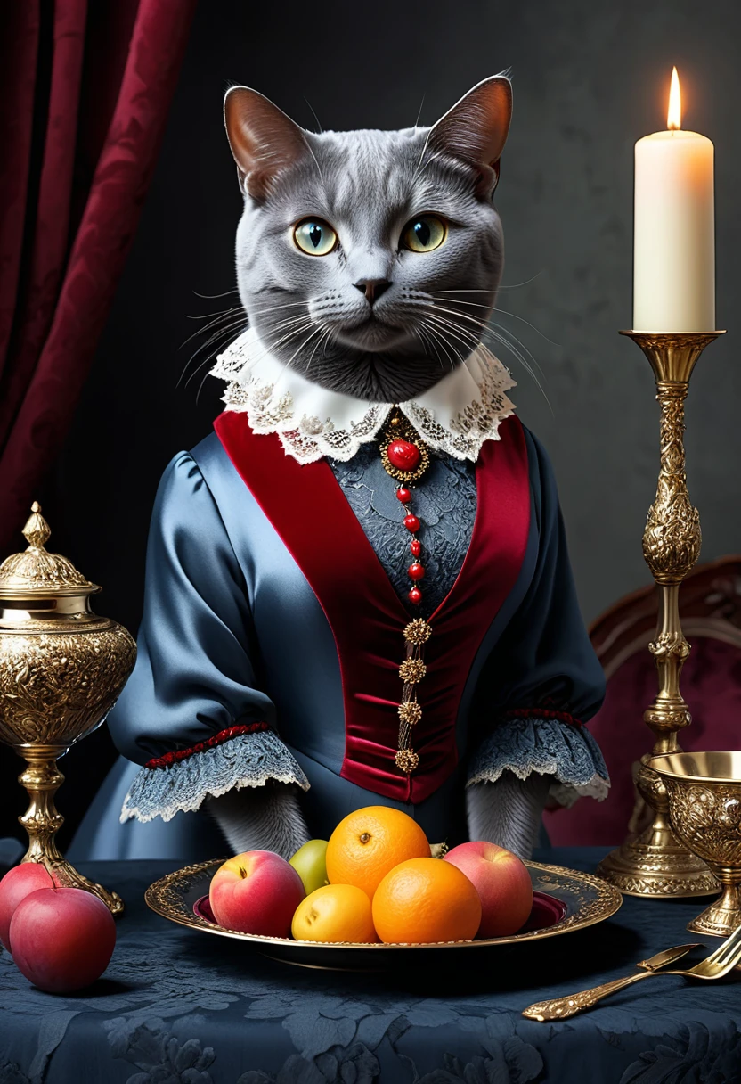 Realistic portrait of an animal in clothes - beautiful anthropomorphic Russian Blue cat, noble(豪華なnobleの部屋の室内でディナー、Fancy Meals、red wine、Fruits served on silver plate), high quality,(Lovely) ,Intricate details, Very detailed ((Elegant lace red floral one-piece dress) ,Antique photos、Nostalgia、Very detailed decorations,, (Happy), Flickering candle light、Shimmer(Full body image:1.5)