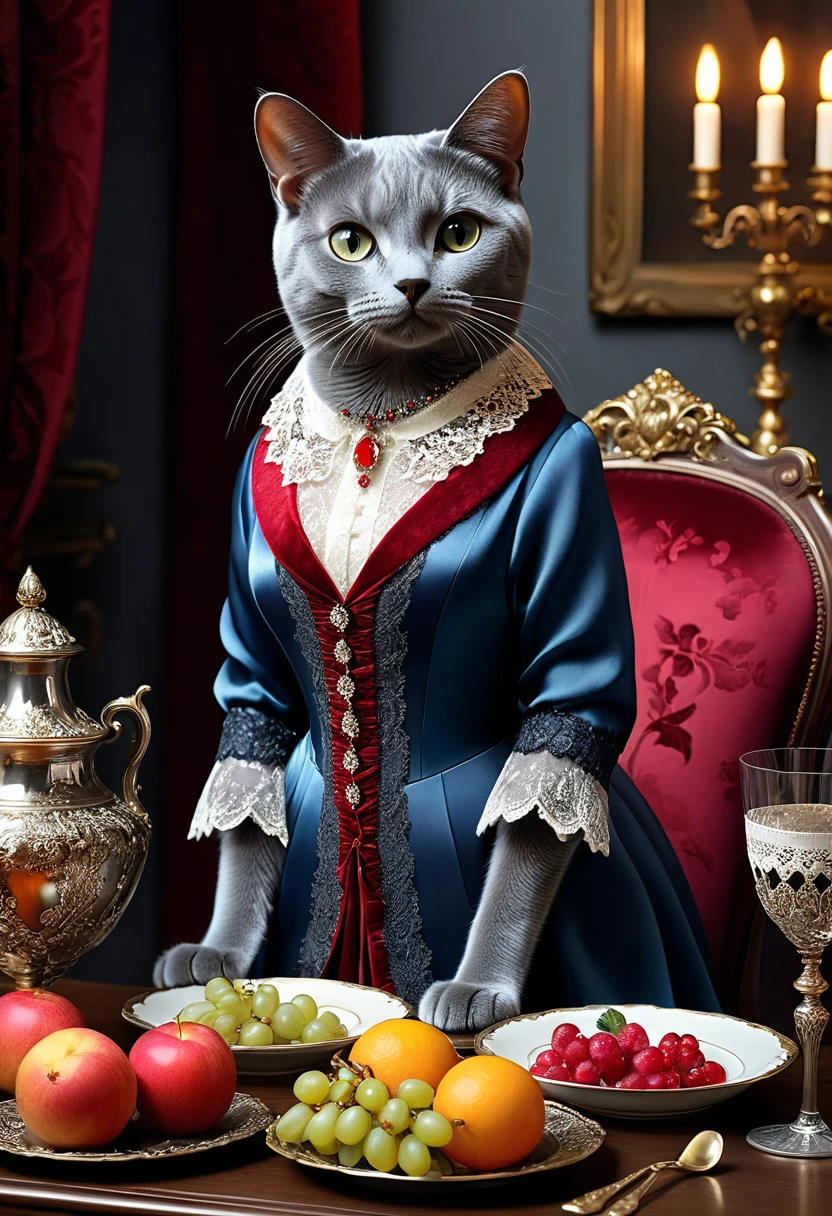 Realistic portrait of an animal in clothes - beautiful anthropomorphic Russian Blue cat, noble(豪華なnobleの部屋の室内でディナー、Fancy Meals、red wine、Fruits served on silver plate), high quality,(Lovely) ,Intricate details, Very detailed ((Elegant lace red floral one-piece dress) ,Antique photos、Nostalgia、Very detailed decorations,, (Happy), Flickering candle light、Shimmer(Full body image:1.5)