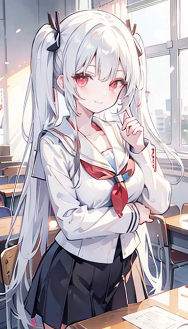 White hair, twin tails, red eyes, girl, smile, classroom