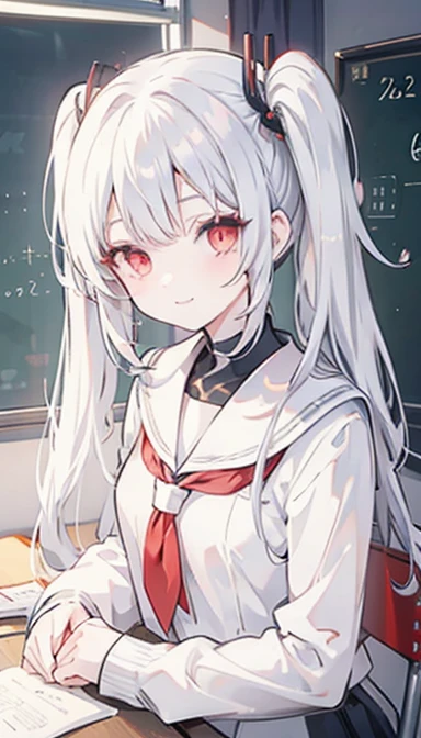 White hair, twin tails, red eyes, girl, smile, classroom