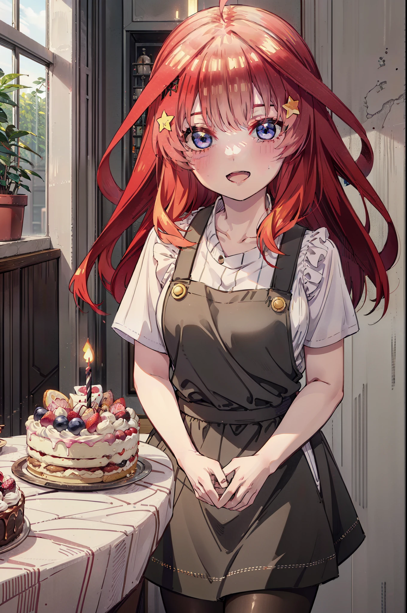 itsukinakano, Itsuki Nakano, bangs, blue eyes, Hair between the eyes, Ahoge, Redhead, star \(symbol\), hair ornaments,happy smile, smile, Open your mouth,cracker, star hair ornaments,Red Tank Top,Long skirt,Black pantyhose,apron,Walking,There is food and a birthday cake on the table,whole bodyがイラストに入るように,
break indoors, room,
break looking at viewer,whole body,
break (masterpiece:1.2), Highest quality, High resolution, unity 8k wallpaper, (figure:0.8), (Beautiful attention to detail:1.6), Highly detailed face, Perfect lighting, Highly detailed CG, (Perfect hands, Perfect ???????),