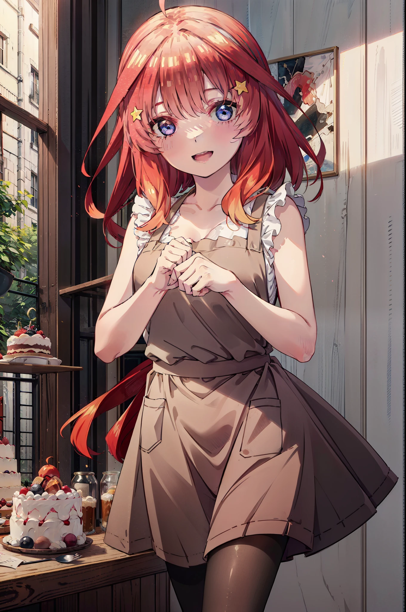 itsukinakano, Itsuki Nakano, bangs, blue eyes, Hair between the eyes, Ahoge, Redhead, star \(symbol\), hair ornaments,happy smile, smile, Open your mouth,cracker, star hair ornaments,Red Tank Top,Long skirt,Black pantyhose,apron,Walking,There is food and a birthday cake on the table,whole bodyがイラストに入るように,
break indoors, room,
break looking at viewer,whole body,
break (masterpiece:1.2), Highest quality, High resolution, unity 8k wallpaper, (figure:0.8), (Beautiful attention to detail:1.6), Highly detailed face, Perfect lighting, Highly detailed CG, (Perfect hands, Perfect Anatomy),