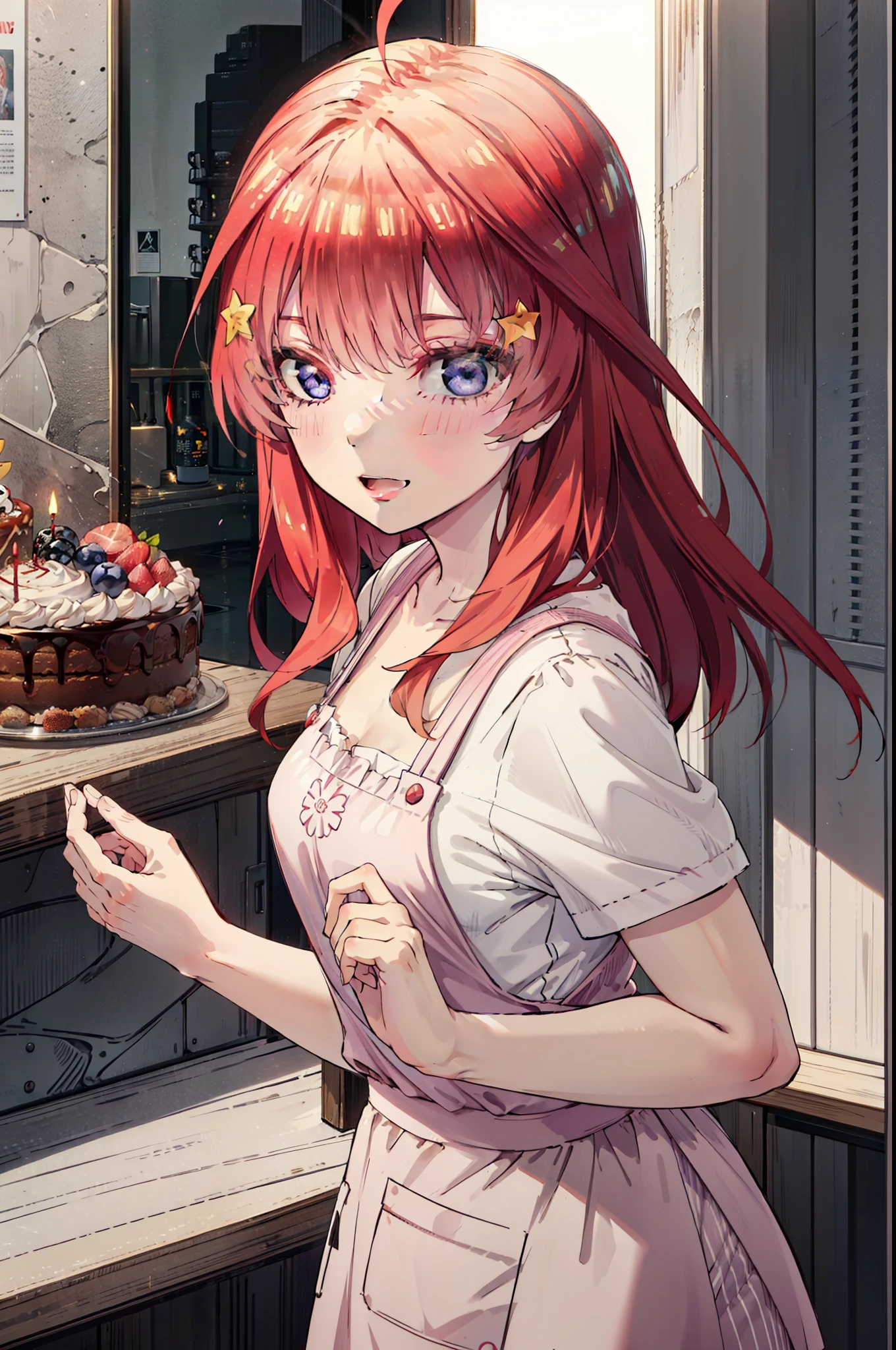 itsukinakano, Itsuki Nakano, bangs, blue eyes, Hair between the eyes, Ahoge, Redhead, star \(symbol\), hair ornaments,happy smile, smile, Open your mouth,cracker, star hair ornaments,Red Tank Top,Long skirt,Black pantyhose,apron,Walking,There is food and a birthday cake on the table,
break indoors, room,
break looking at viewer,Upper Body,
break (masterpiece:1.2), Highest quality, High resolution, unity 8k wallpaper, (figure:0.8), (Beautiful attention to detail:1.6), Highly detailed face, Perfect lighting, Highly detailed CG, (Perfect hands, Perfect Anatomy),