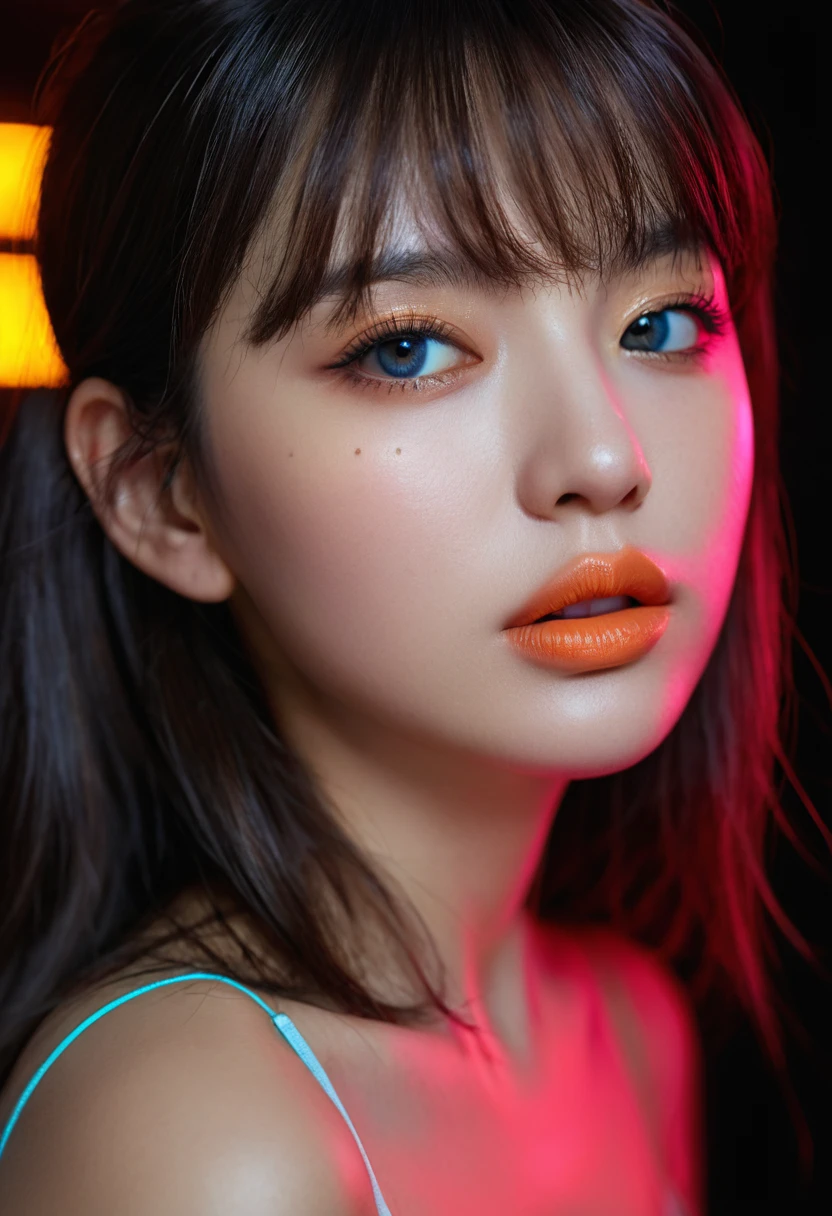8k, best quality, 1 Girl, (Skin Indentation), night, (dark), Indoor clear background, (people), Beautiful bangs, Gorgeous,, (Clothing and:1.3),Soft lighting, attractive, dark Room, (mouth close:1.2, beautiful eyes, Delicate eyes, Detailed iris, Beautiful lips, Beautiful nose, Pretty Face),(primary color:1.5)，(Ambient Light:1.5)，(Neon light:1.5)