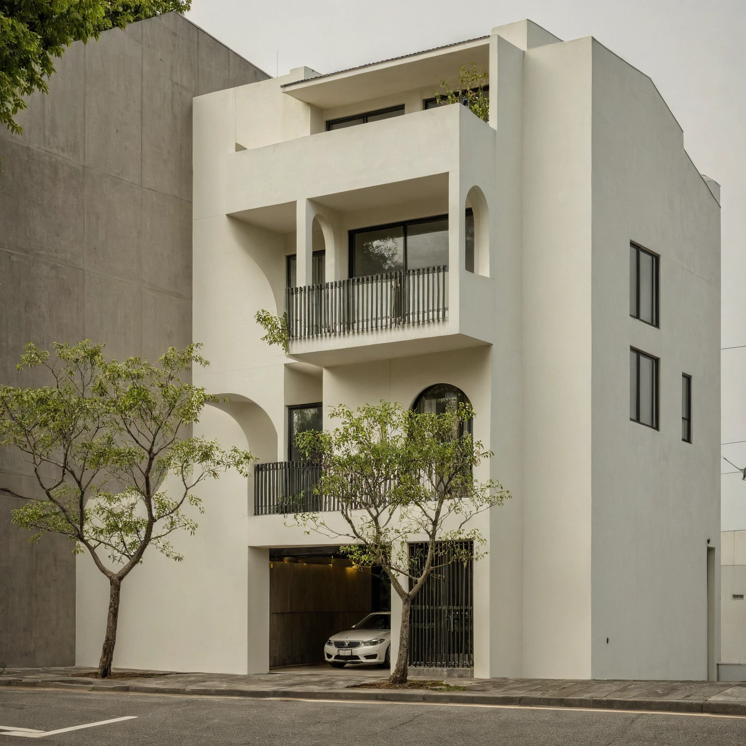 Raw photo, Masterpiece, high quality, best quality, authentic, super detail, architecture, house, outdoors, style modern, minimalist line, wooden, white paint wall, japan style, wasabi style, Jen style, steel stair, glass railing, paint wall decor, tree, street
