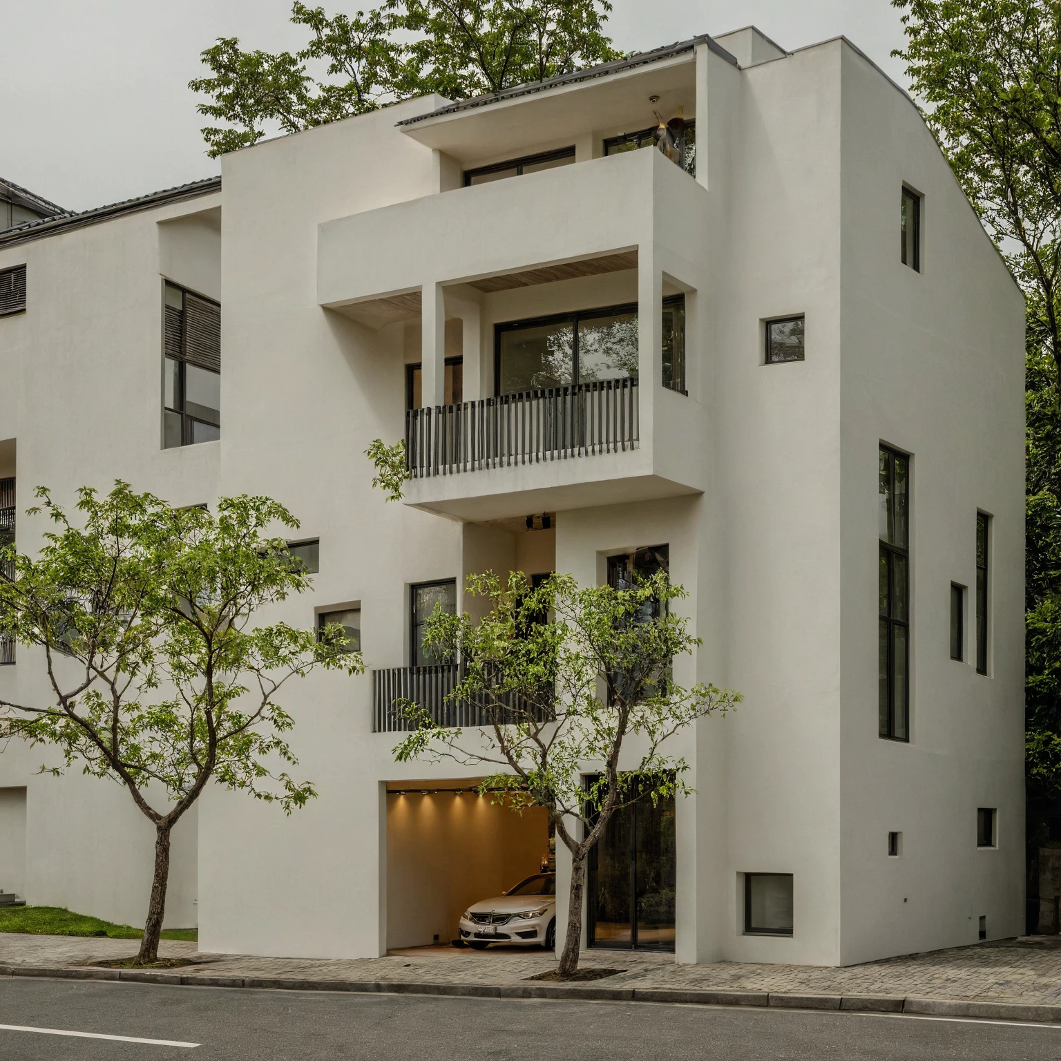 Raw photo, Masterpiece, high quality, best quality, authentic, super detail, architecture, house, outdoors,  style modern, minimalist line, wooden, white paint wall, japan style, wasabi style, Jen style, steel stair, glass railing, paint wall decor, tree, street