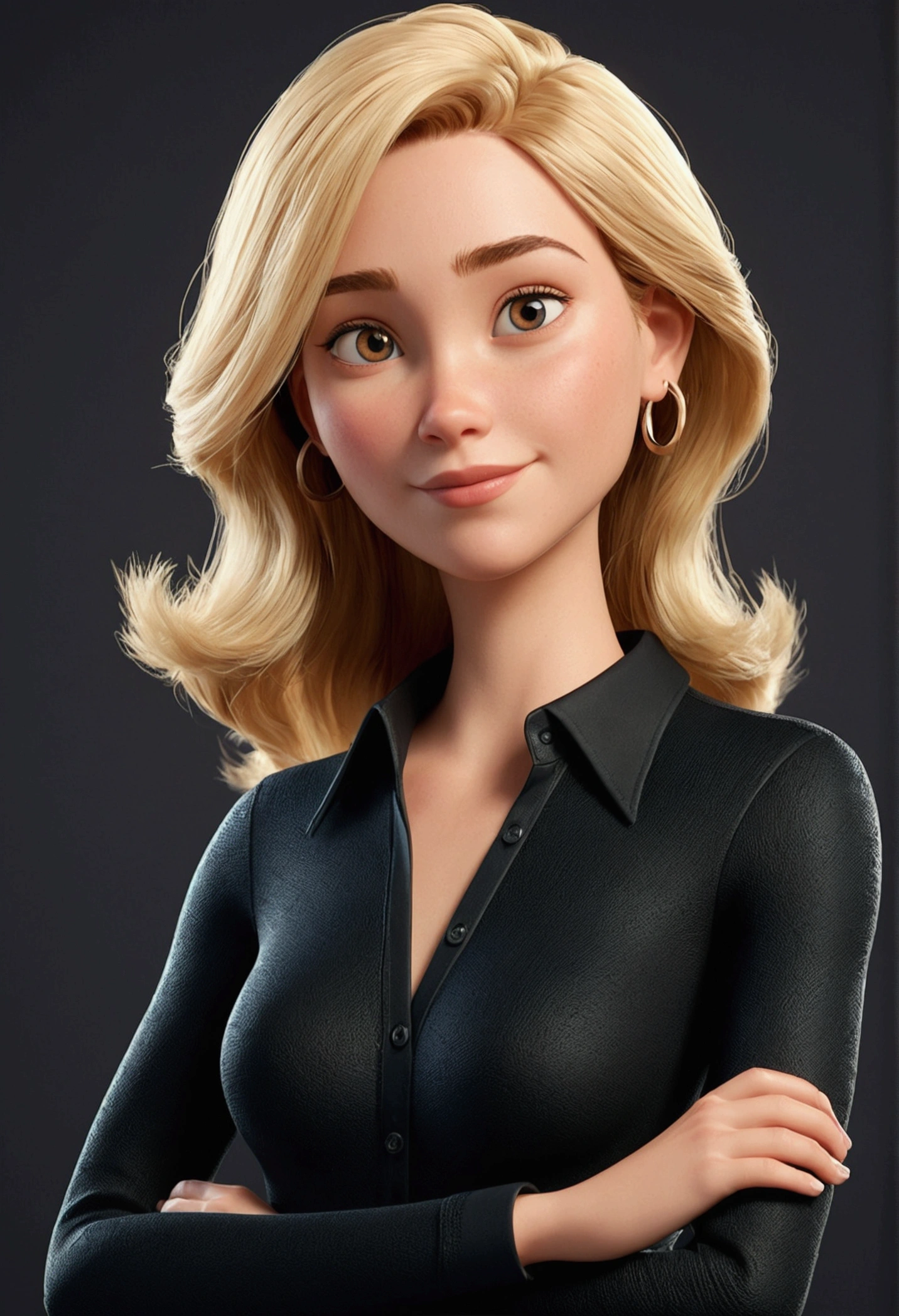 Cartoon character of a blonde caucasian woman in black long sleeve blouse, an animated character, stylized character, animation style rendering, 3d stylized, Stylized 3D rendering, toon render screenshot, 3d character, 3d character, Stylized 3D rendering, 3D character rendering, cartoon character, Personagem de close up, character posing, (Pixar-style) (master part:1.2) (bokeh) (best qualityer) (skin detailed) (detailed texture) (8k) (Argilla) (cinematic lighting) (sharp focus，Sit down and lift your upper body