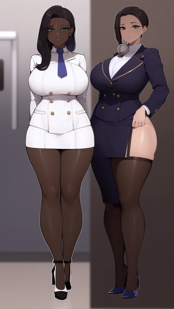 A stewardess, shiny skin, big breasts, cleavage, mini skirt, garter belt, stockings, high heels, sexy, full body, smiling, high resolution, detailed face, beautiful face, perfect anatomy, vibrant color, sexy expression, airport, ultra high qualitu picture, anime style, long black hair, blue eyes, detailed eyes, blushing, one girl