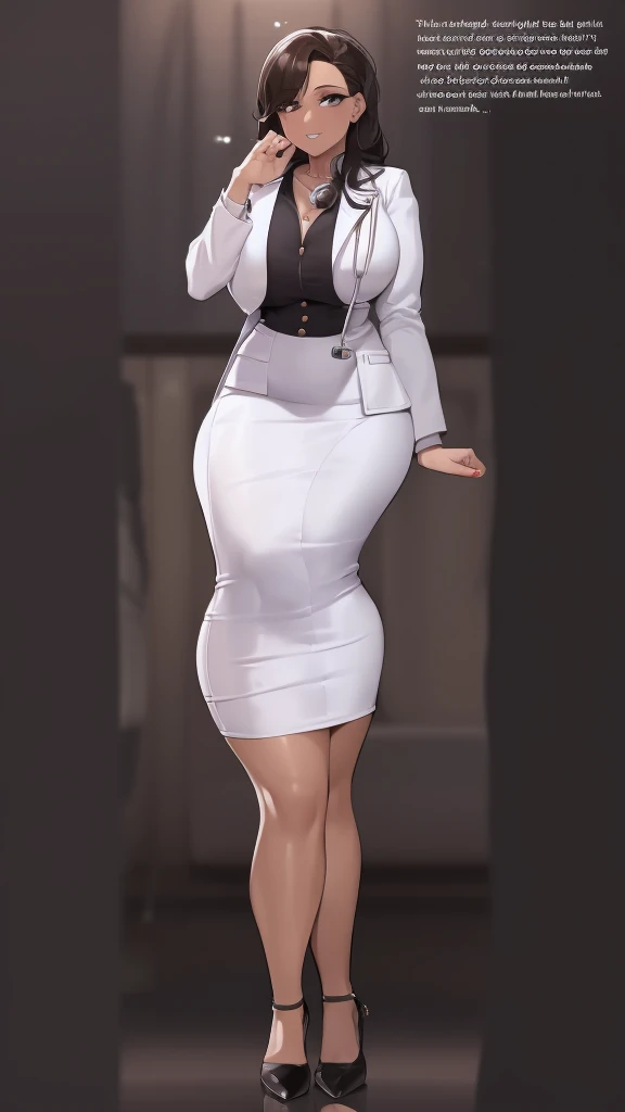 A highly detailed drawing of a woman in a doctor’s uniform. She is wearing a white doctor's coat, a high-neck sweater, a stethoscope around her neck, a short black skirt, fishnet stockings, and high heels. The woman is 30 years old with a curvaceous body, exaggerated proportions with large hips and bust, a very narrow waist, and long legs. She is standing in a hospital consultation room. The lighting should highlight the details of her attire and the setting, creating a professional yet dramatic look.