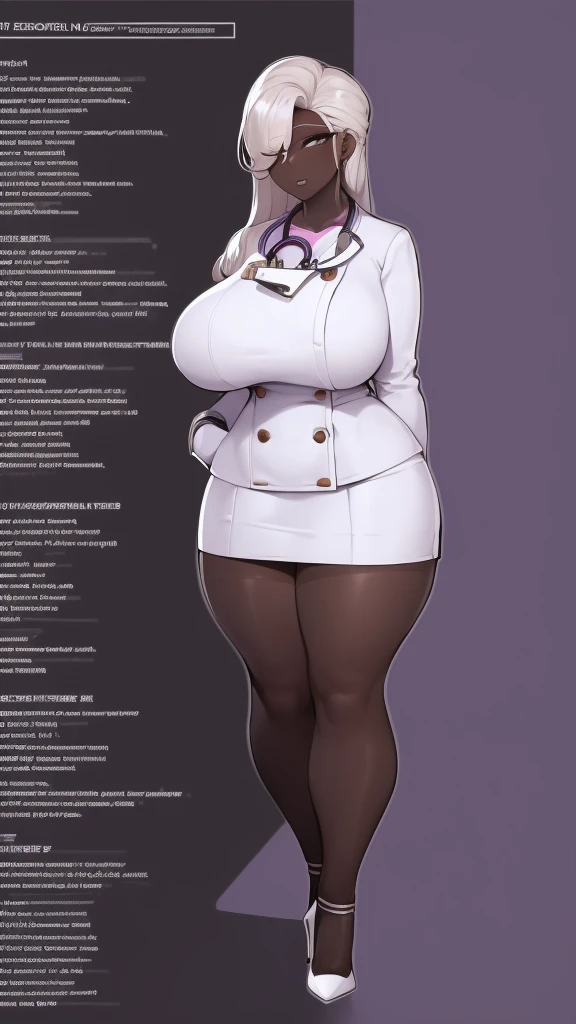 A highly detailed drawing of a woman in a doctor’s uniform. She is wearing a white doctor's coat, a high-neck sweater, a stethoscope around her neck, a short black skirt, fishnet stockings, and high heels. The woman is 30 years old with a curvaceous body, exaggerated proportions with large hips and bust, a very narrow waist, and long legs. She is standing in a hospital consultation room. The lighting should highlight the details of her attire and the setting, creating a professional yet dramatic look.