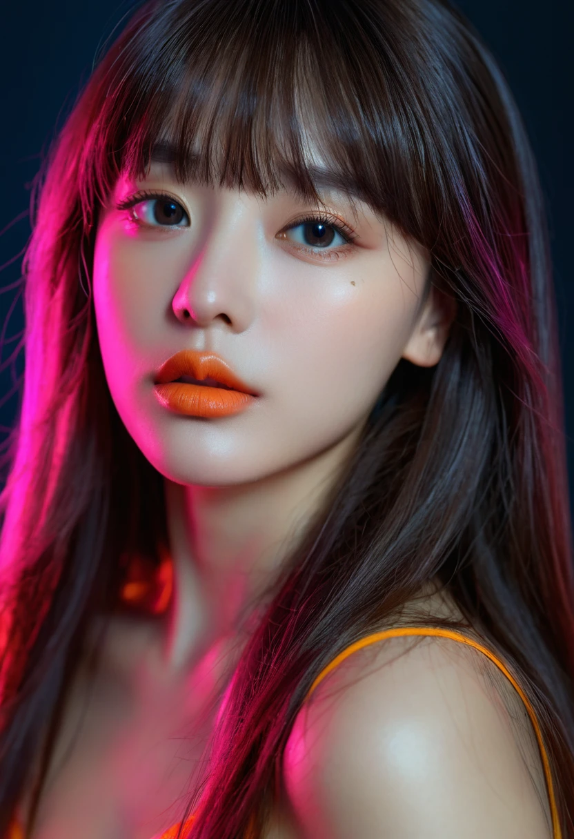 8k, best quality, 1 Girl, (Skin Indentation), night, (dark), Indoor clear background, (people), Beautiful bangs, Gorgeous,, (Clothing and:1.3),Soft lighting, attractive, dark Room, (mouth close:1.2, beautiful eyes, Delicate eyes, Detailed iris, Beautiful lips, Beautiful nose, Pretty Face),(primary color:1.5),(Ambient Light:1.5),(Neon light:1.8)