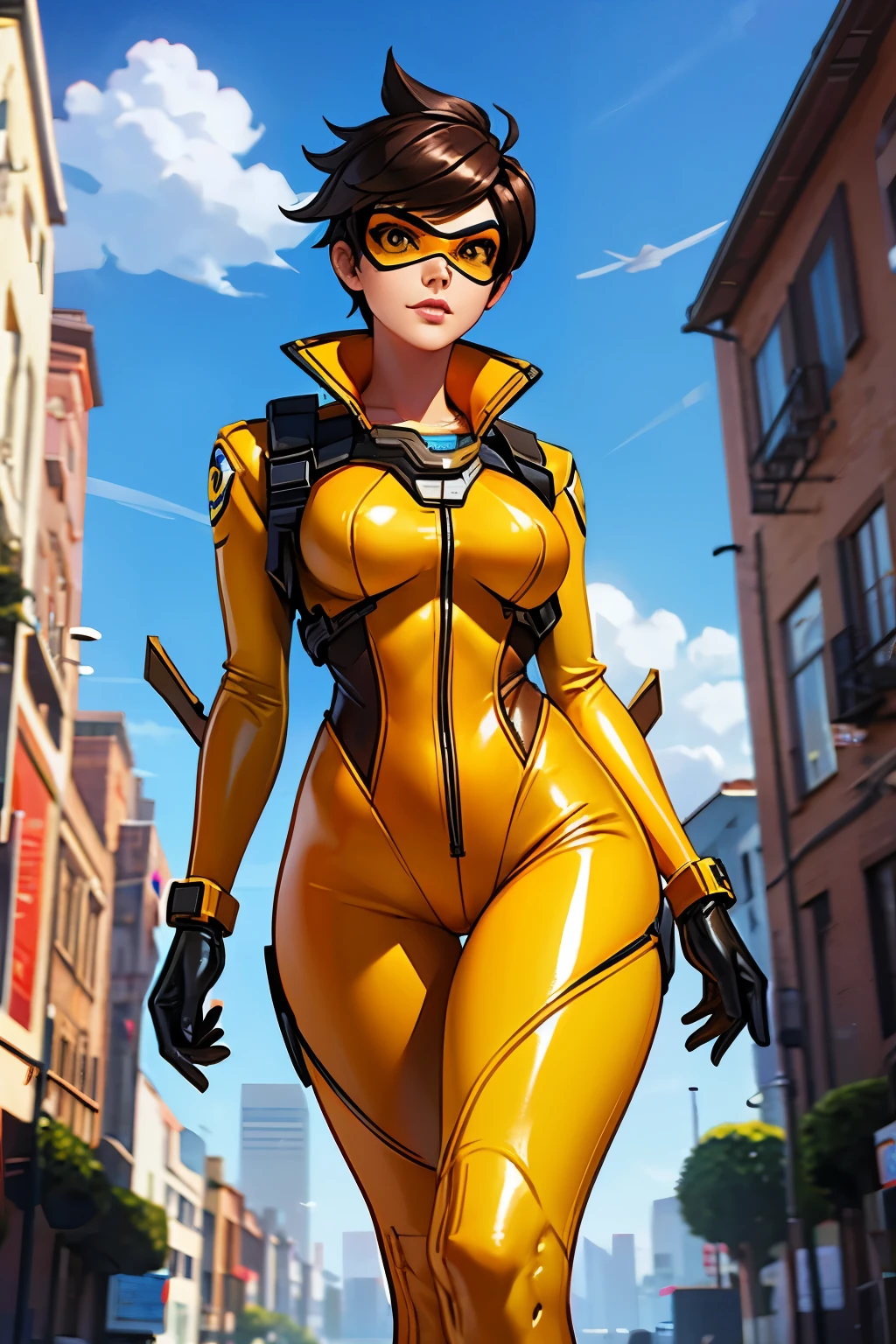 Tracer OverWatch wearing yellow latex bodysuit, high quality,
