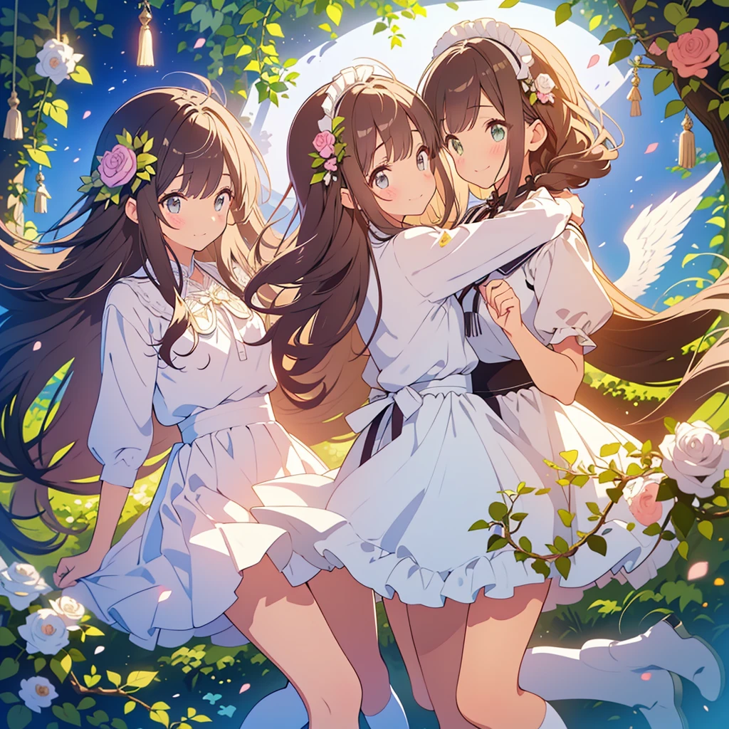 kawaii, anime, Cute, hyper quality, highly detailed, 8k, Front facing, Clarity, dark brown long hair, smile, green eyes, white rose, Set in Alice's Wonderland, planted white roses, white rose petals are dancing, Draw facial expressions in detail, striped overknee socks, Alice's maid costume with big ribbon, pocket watch, playing cards, clock, fairy tale, fantasy, shine of light, close both eyes, close your eyes and smile, The bodies of the two sisters dance, Gradation of evening and night sky, full moon and crescent moon, whole body, Twisted trees of different sizes, twisted ivy, Both sisters have long dark brown hair., white roses bloom, white rose petals, small angel wings on the back, Thick rose vines wrap around the sisters' bodies., The sky dyed in twilight, fairy tale accessories, ribbon headband, undulating rose vine,