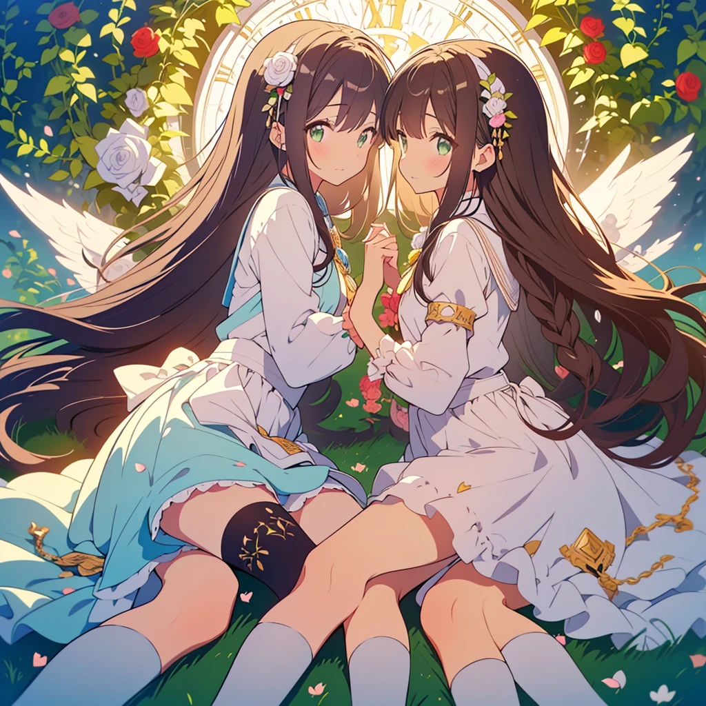 kawaii, anime, Cute, hyper quality, highly detailed, 8k, Front facing, Clarity, dark brown long hair, smile, green eyes, white rose, Set in Alice's Wonderland, planted white roses, white rose petals are dancing, Draw facial expressions in detail, striped overknee socks, Alice's maid costume with big ribbon, pocket watch, playing cards, clock, fairy tale, fantasy, shine of light, close both eyes, close your eyes and smile, The bodies of the two sisters dance, Gradation of evening and night sky, full moon and crescent moon, whole body, Twisted trees of different sizes, twisted ivy, Both sisters have long dark brown hair., white roses bloom, white rose petals, small angel wings on the back, Thick rose vines wrap around the sisters' bodies., The sky dyed in twilight, fairy tale accessories, ribbon headband, undulating rose vine,