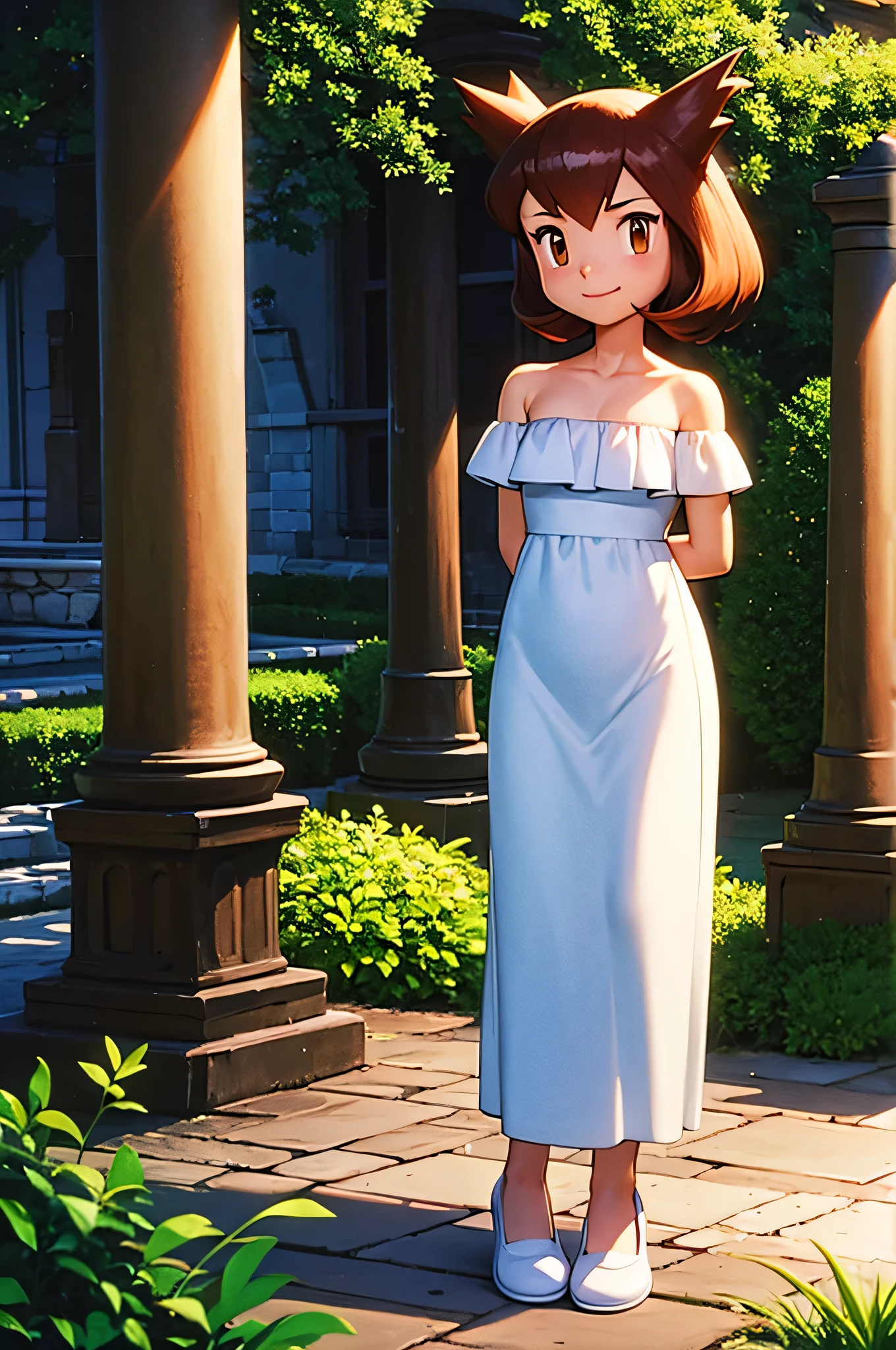 masterpiece, best quality, ultra-detailed, illustration, beautiful detailed eyes, very detailed illustration, cinematic lighting, 1 girl, solo, Pokemon Heroes (Bianca), Brown Hair, brown eyes, bare shoulders, strapless, off shoulders, white ruffle off the shoulder top, white maxi dress, intricate details, sharp focus, high resolution, the background of beautiful garden at night, full moon, smile, standing near aquarium with fish, arms at sides, white slippers, anime style, ultra-detailed, hdr, far at the bottom, in the center, Close up