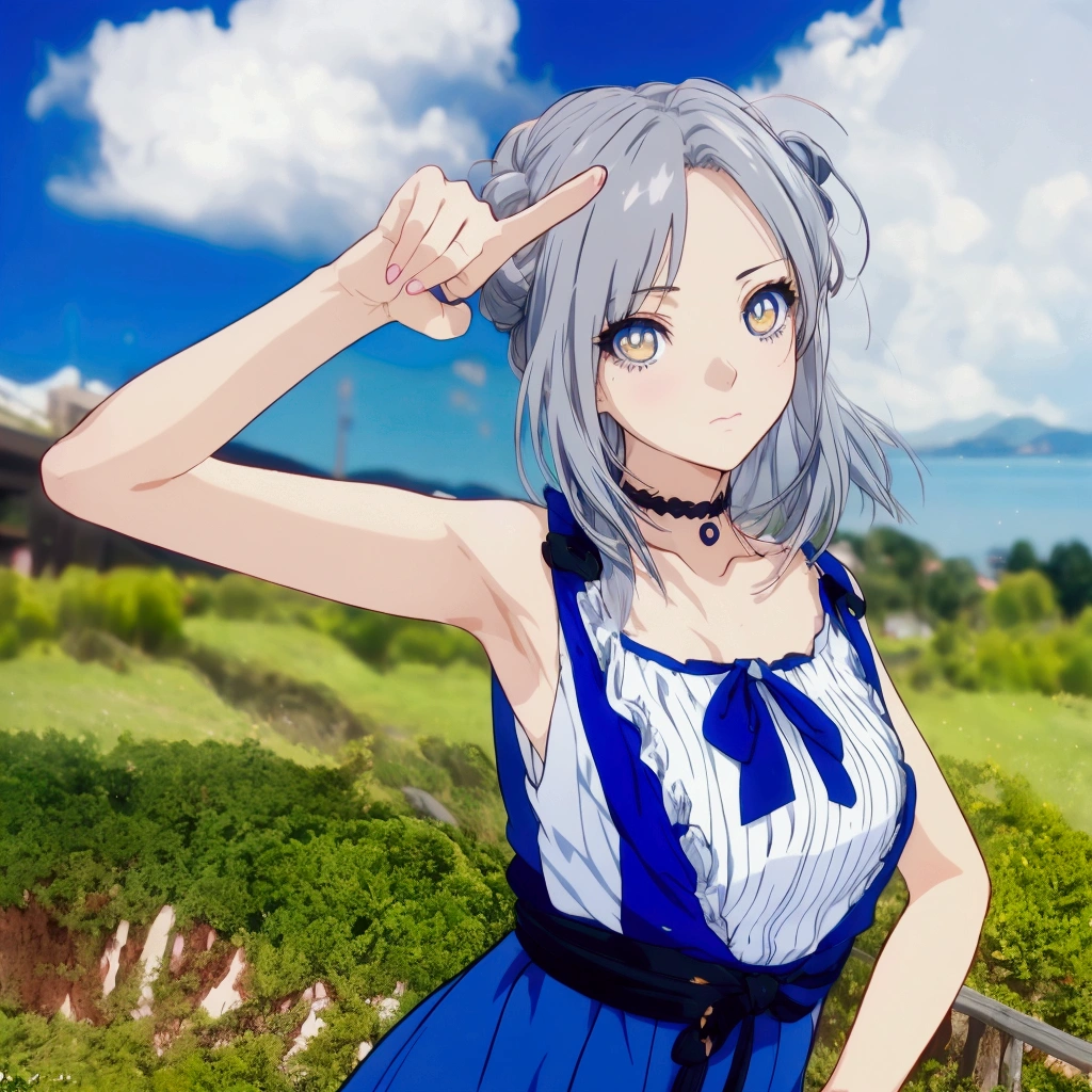 Golden Eyes、Golden Eyes、Anime girl with gray hair and blue clothes pointing at something, Realistic Anime 3D Style, Cute 3D anime girl render, Realistic young anime girl, Anime Style3D, Anime Style, Realistic anime art style, Anime Styleに, , Semi-realistic anime style, Smooth anime CG art, April Rendering, Photorealistic anime girl rendering