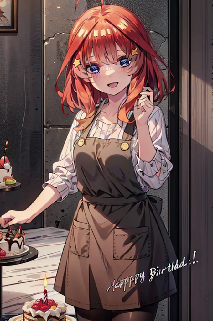 itsukinakano, Itsuki Nakano, bangs, blue eyes, Hair between the eyes, Ahoge, Redhead, star \(symbol\), hair ornaments,happy smile, smile, Open your mouth,cracker, star hair ornaments,Red Tank Top,Long skirt,Black pantyhose,apron,Walking,There is food and a birthday cake on the table,
break indoors, room,
break looking at viewer,Upper Body,
break (masterpiece:1.2), Highest quality, High resolution, unity 8k wallpaper, (figure:0.8), (Beautiful attention to detail:1.6), Highly detailed face, Perfect lighting, Highly detailed CG, (Perfect hands, Perfect Anatomy),